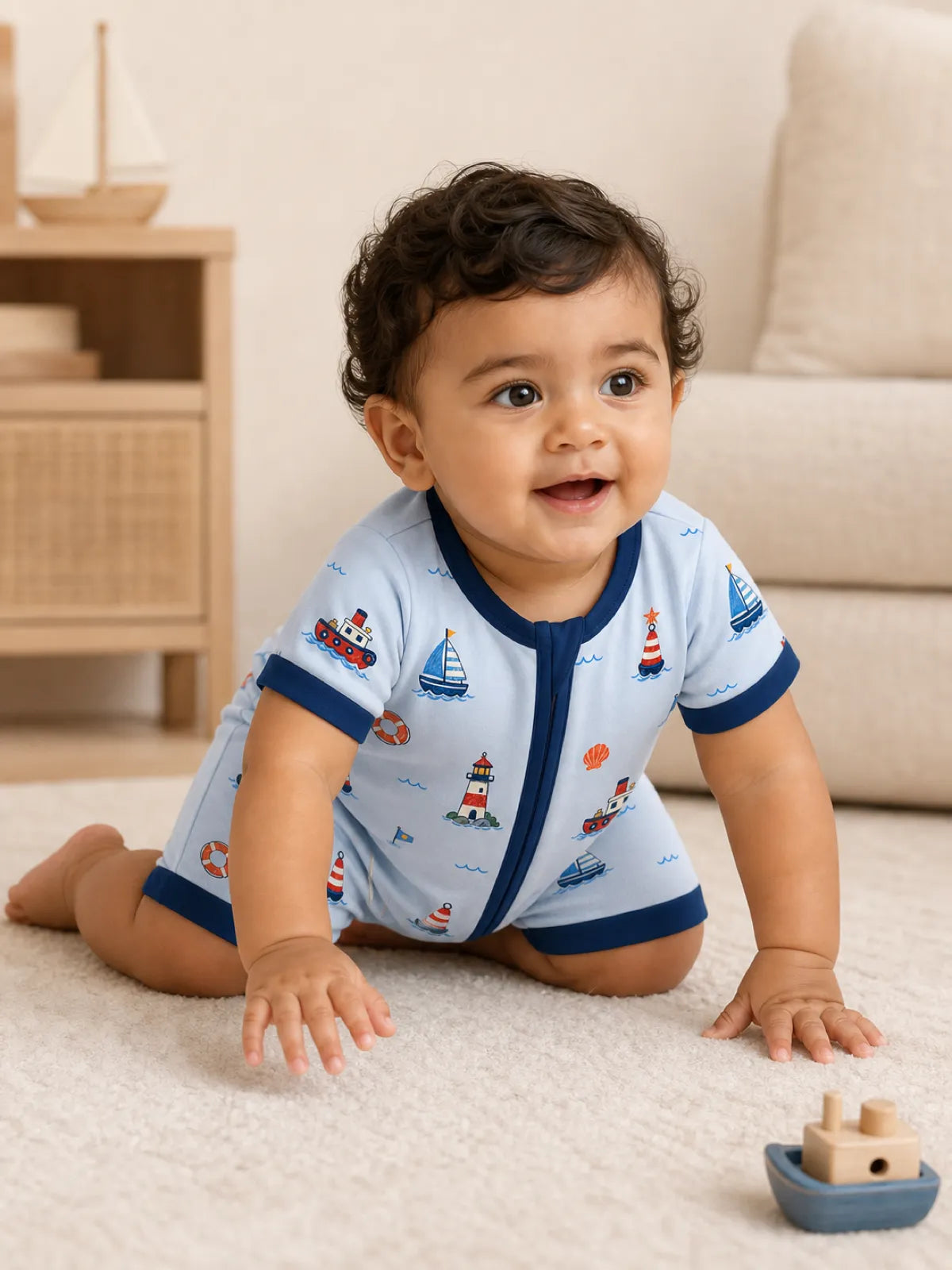 Baby wearing the Sail Away bamboo shorty romper