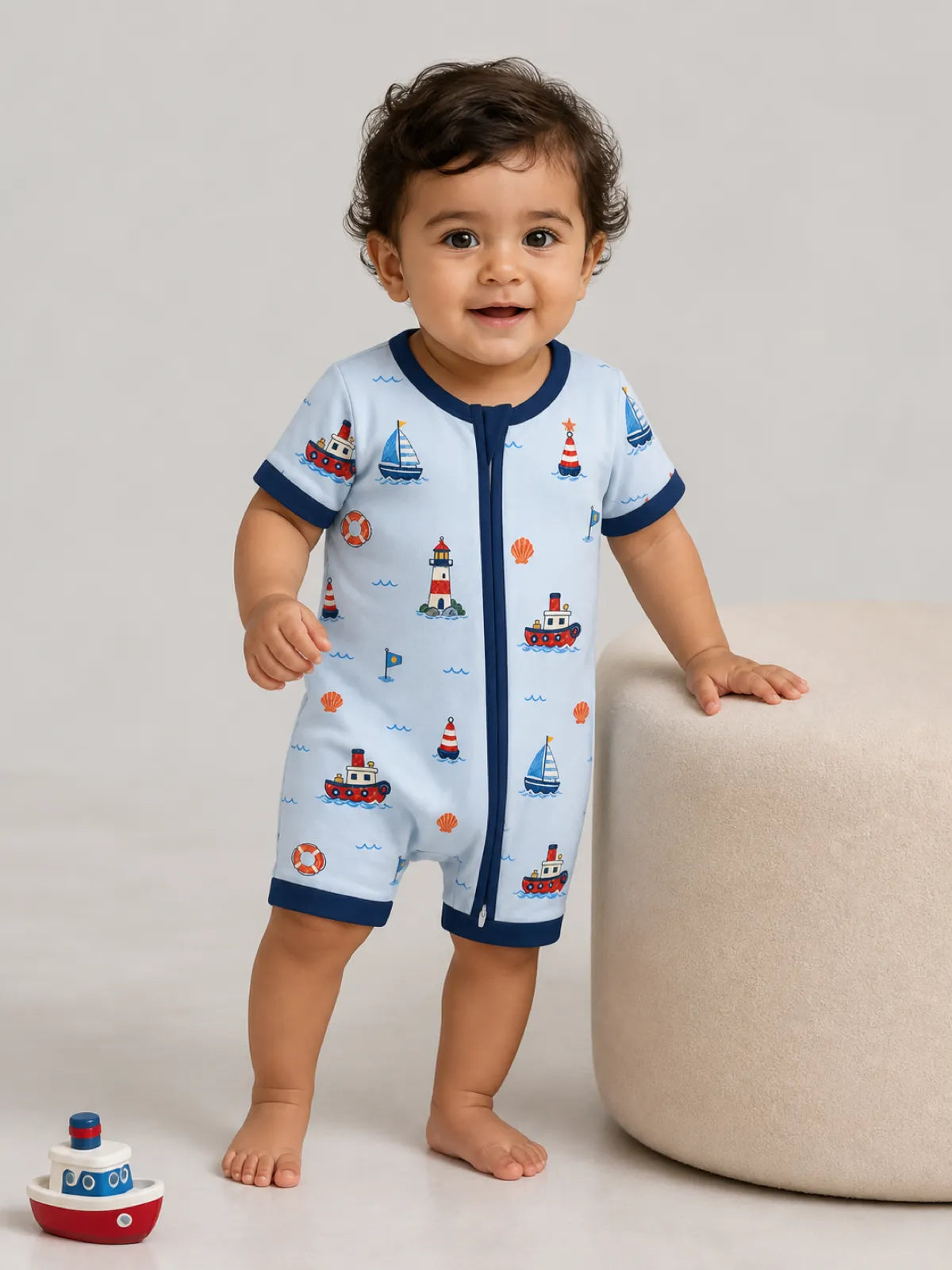 Baby playing at home in the Sail Away shorty romper