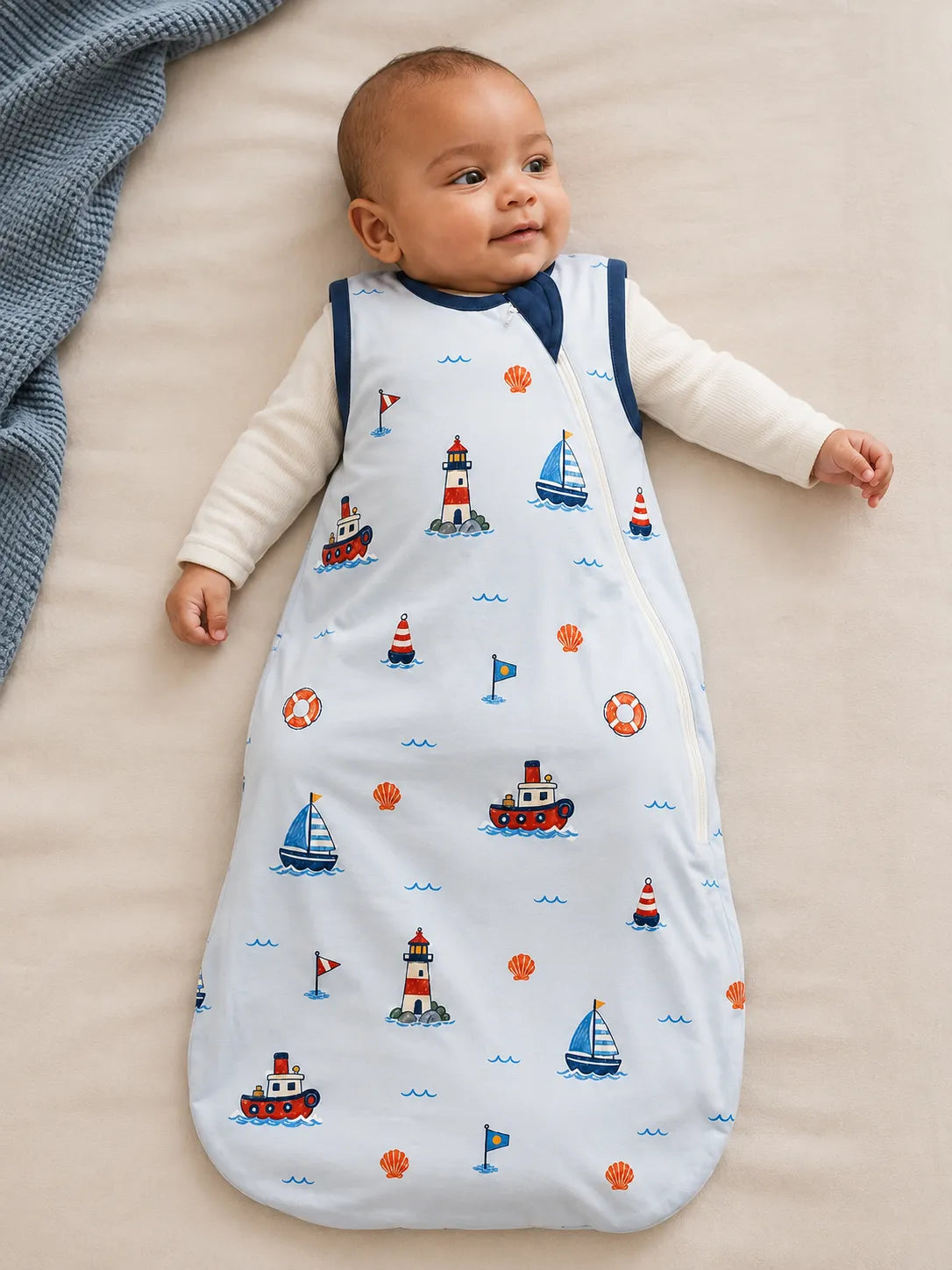 Baby wearing the Sail Away bamboo sleep bag