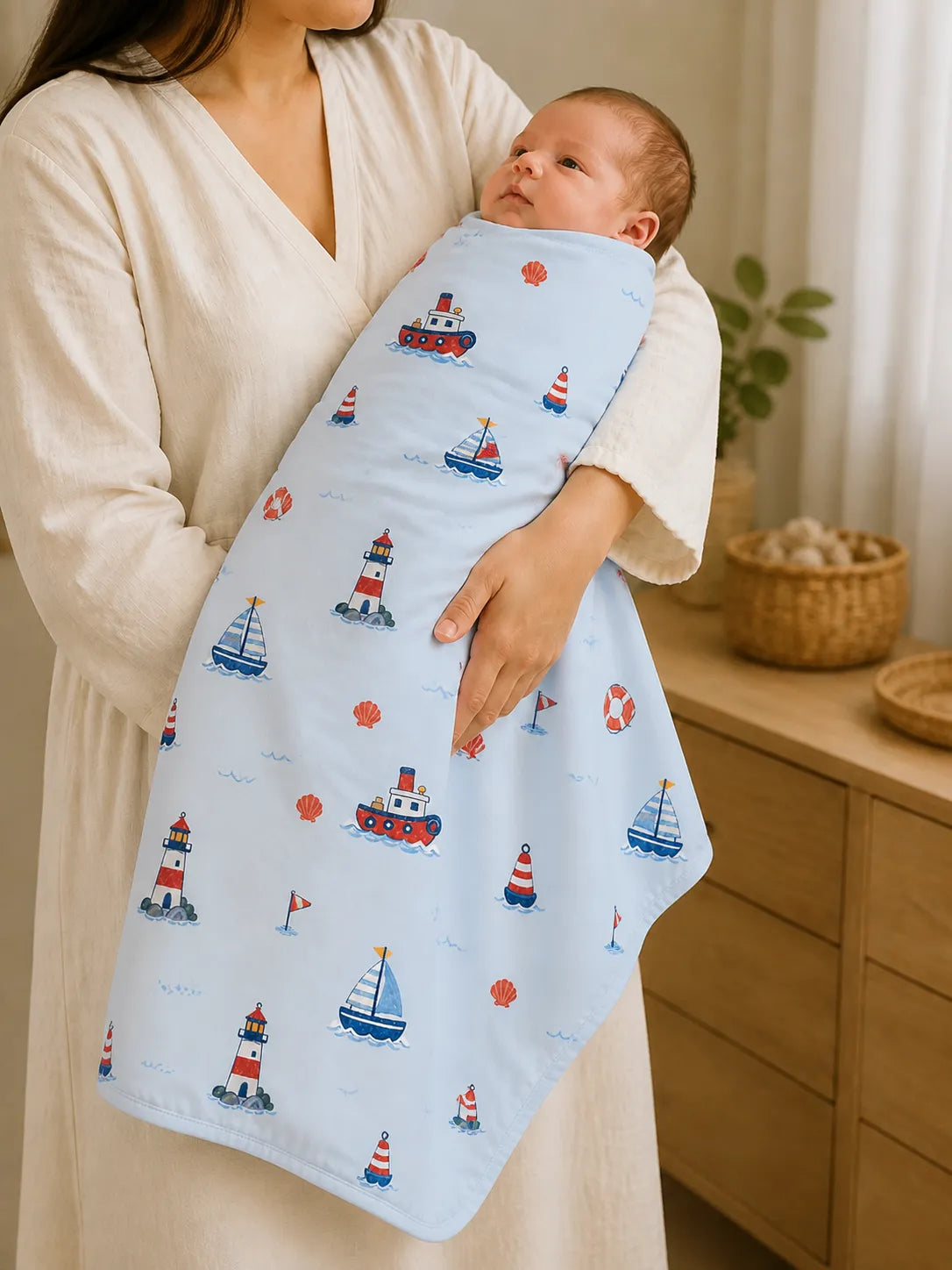 Baby cuddled in the Sail Away bamboo swaddle blanket at home