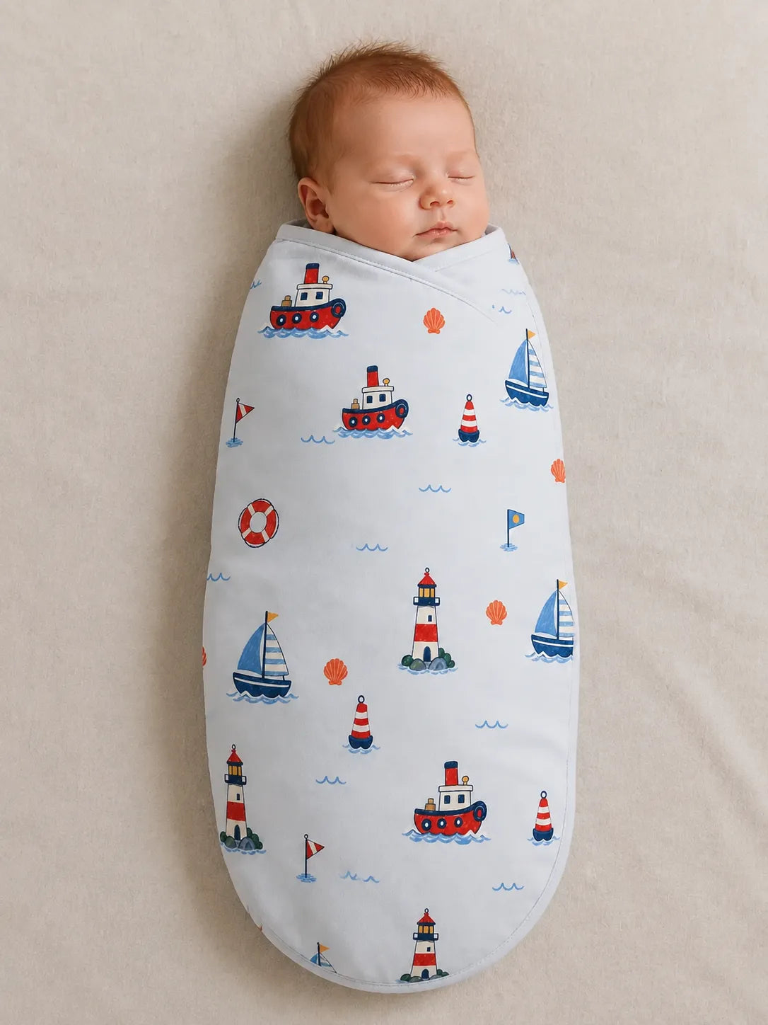 Baby wrapped in the Sail Away bamboo swaddle blanket