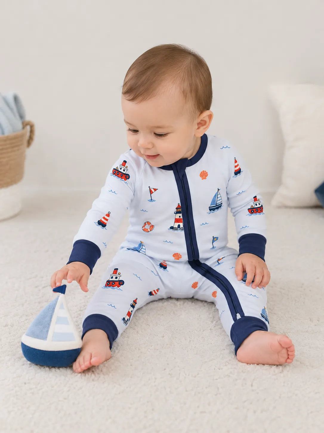Baby wearing the Sail Away bamboo zipper romper