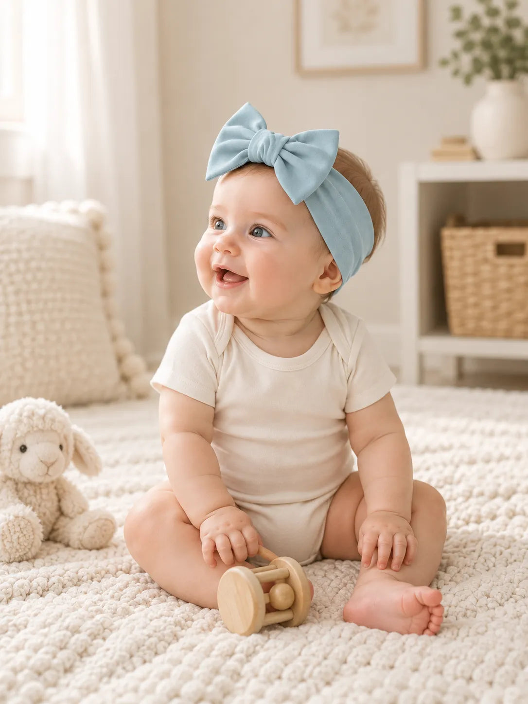 Baby wearing Dusty Blue bamboo bow headband in a lifestyle setting - MossiBaby