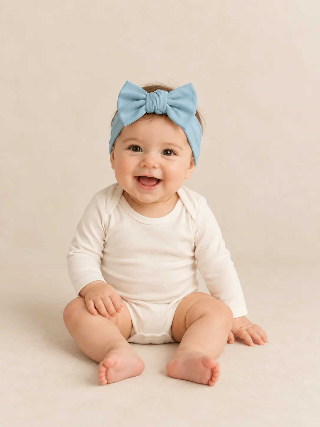 Baby wearing Dusty Blue bamboo bow headband in studio - MossiBaby