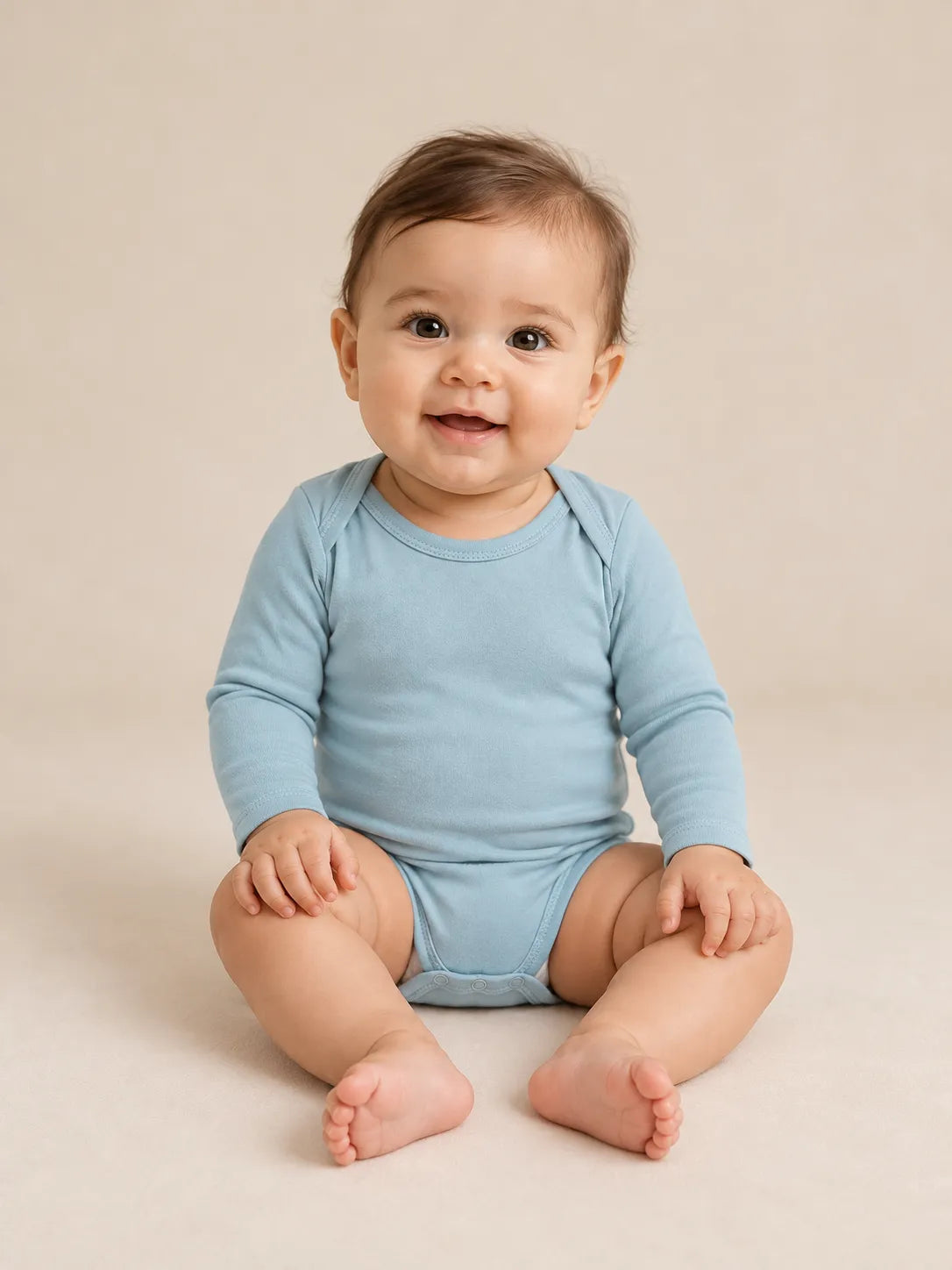 Baby wearing Dusty Blue bamboo long sleeve bodysuit in studio - MossiBaby