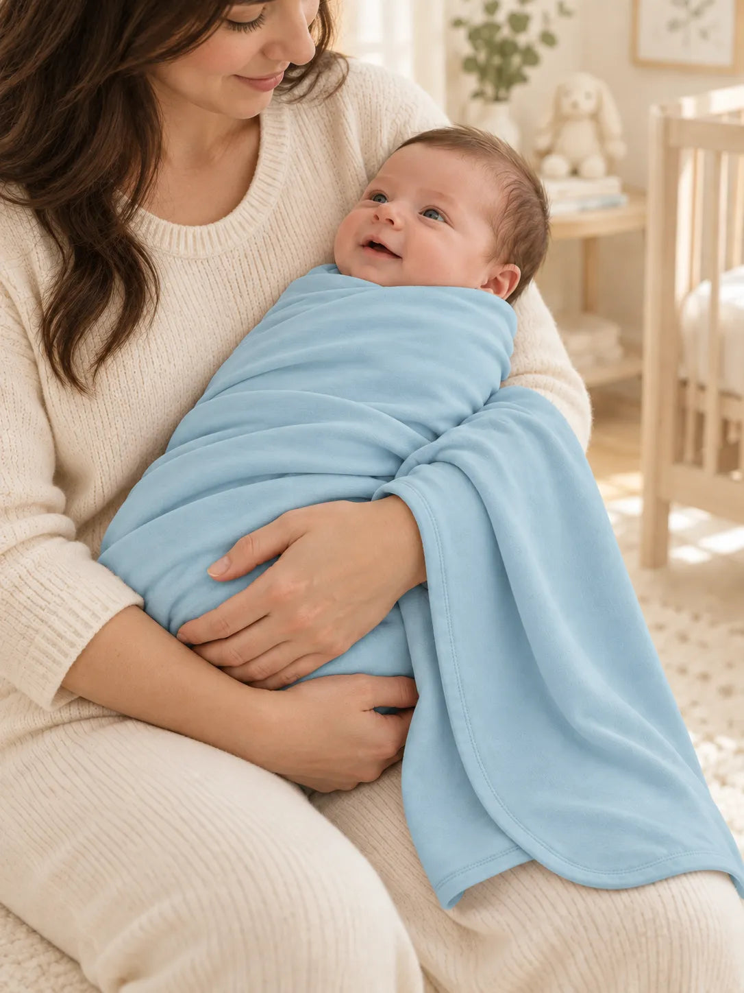 Baby with Dusty Blue bamboo swaddle blanket in a soft nursery setting - MossiBaby