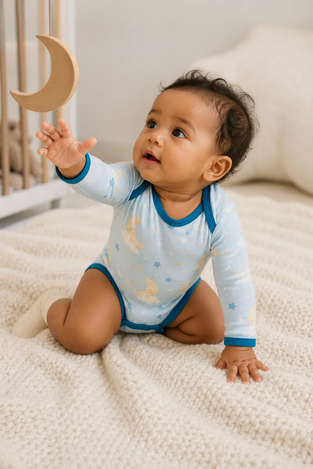 Baby playing comfortably in the Moonlit Dreams bamboo bodysuit