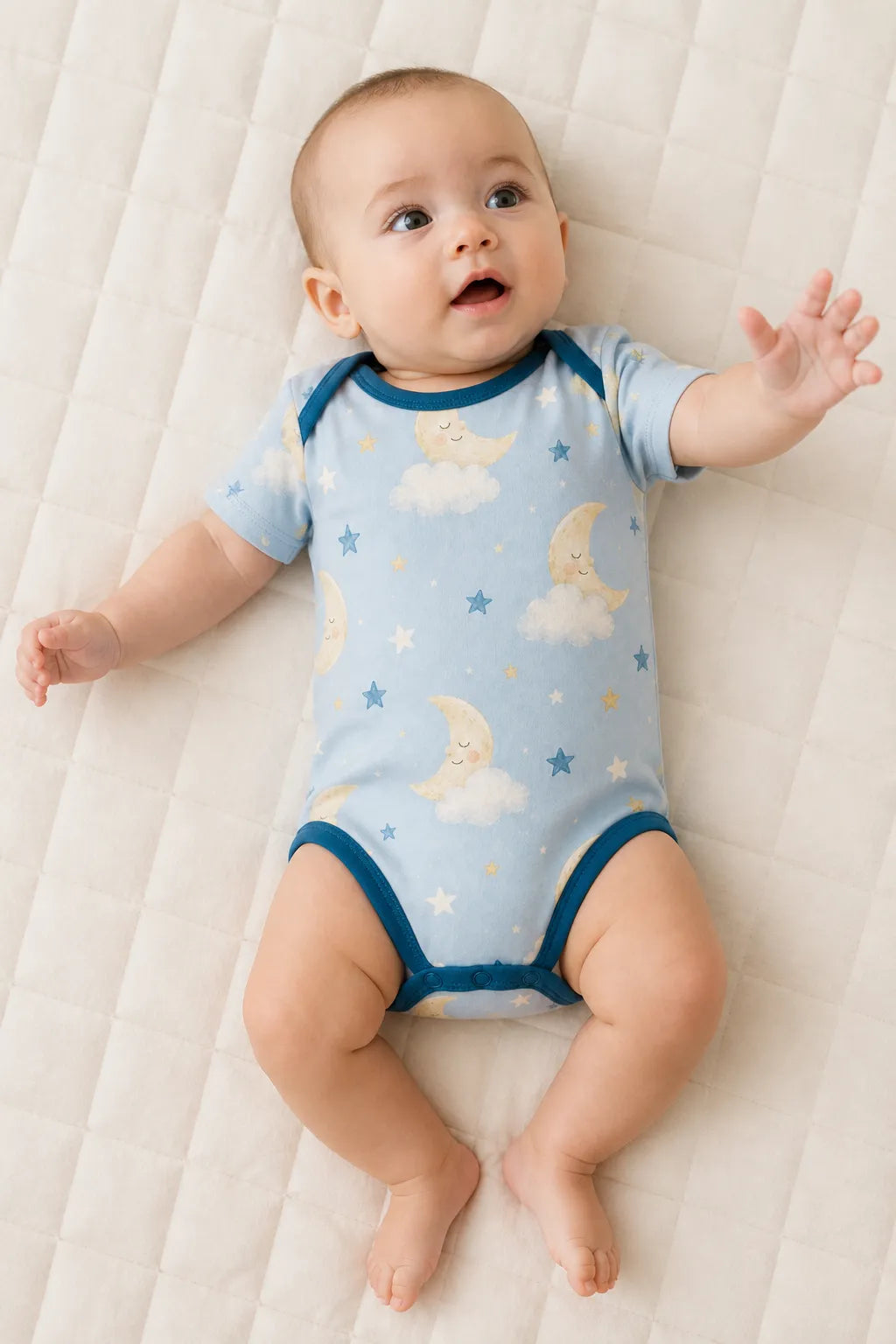 Baby wearing the Moonlit Dreams short sleeve bodysuit