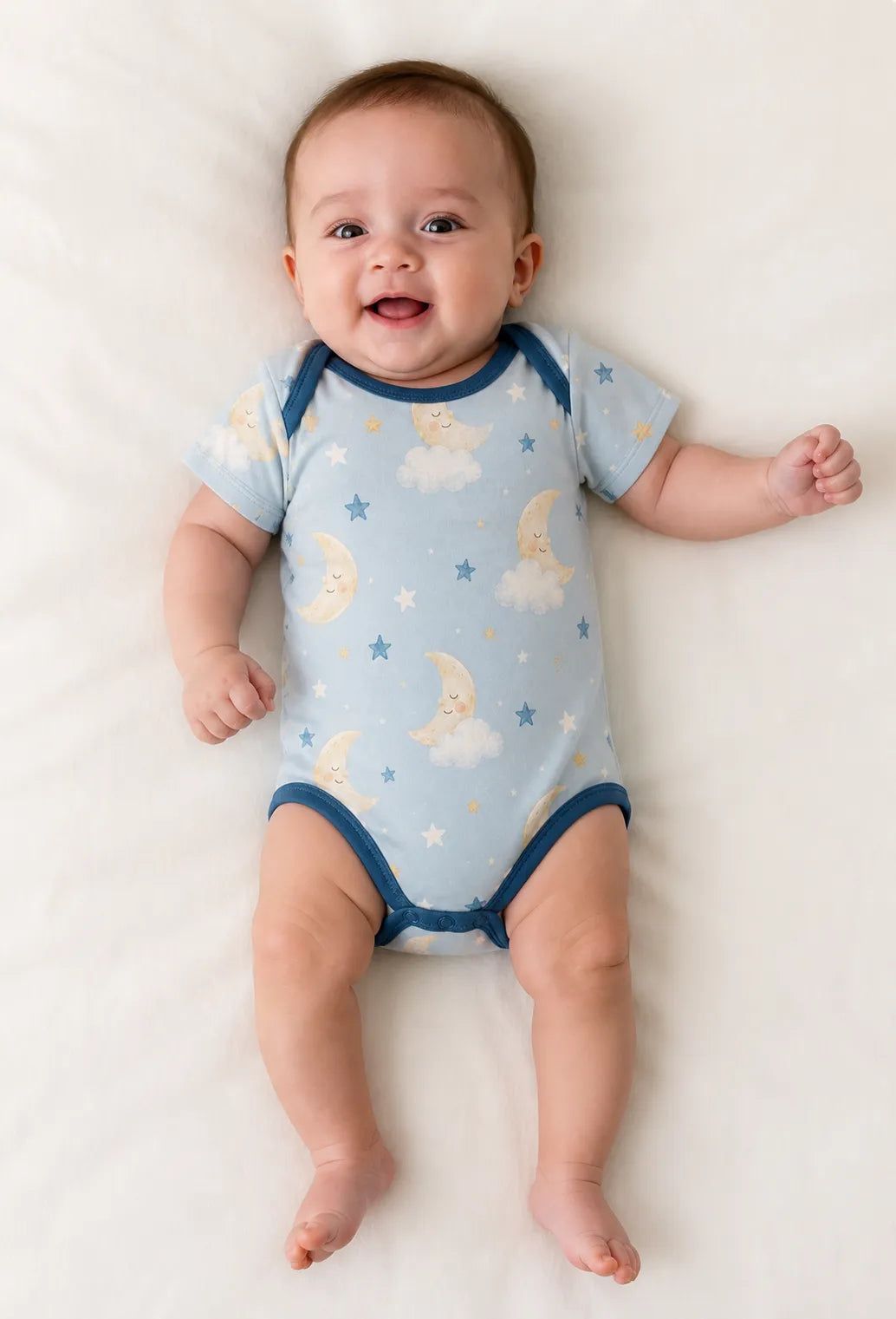Baby playing comfortably in the Moonlit Dreams bamboo bodysuit