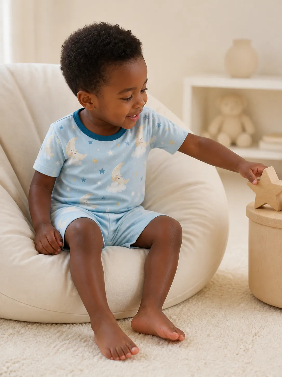 Child playing at home in Moonlit Dreams bamboo pajamas