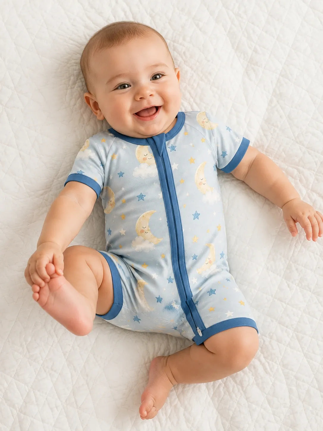 Baby wearing the Moonlit Dreams bamboo shorty romper