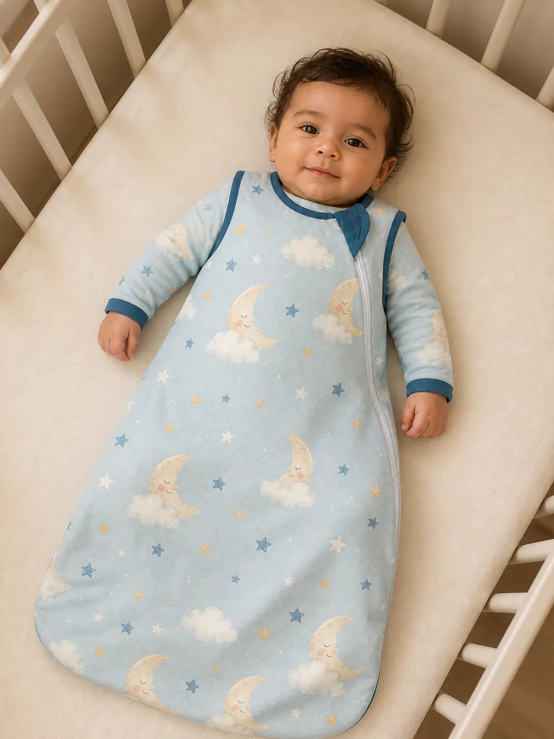 Baby wearing the Moonlit Dreams bamboo sleep bag