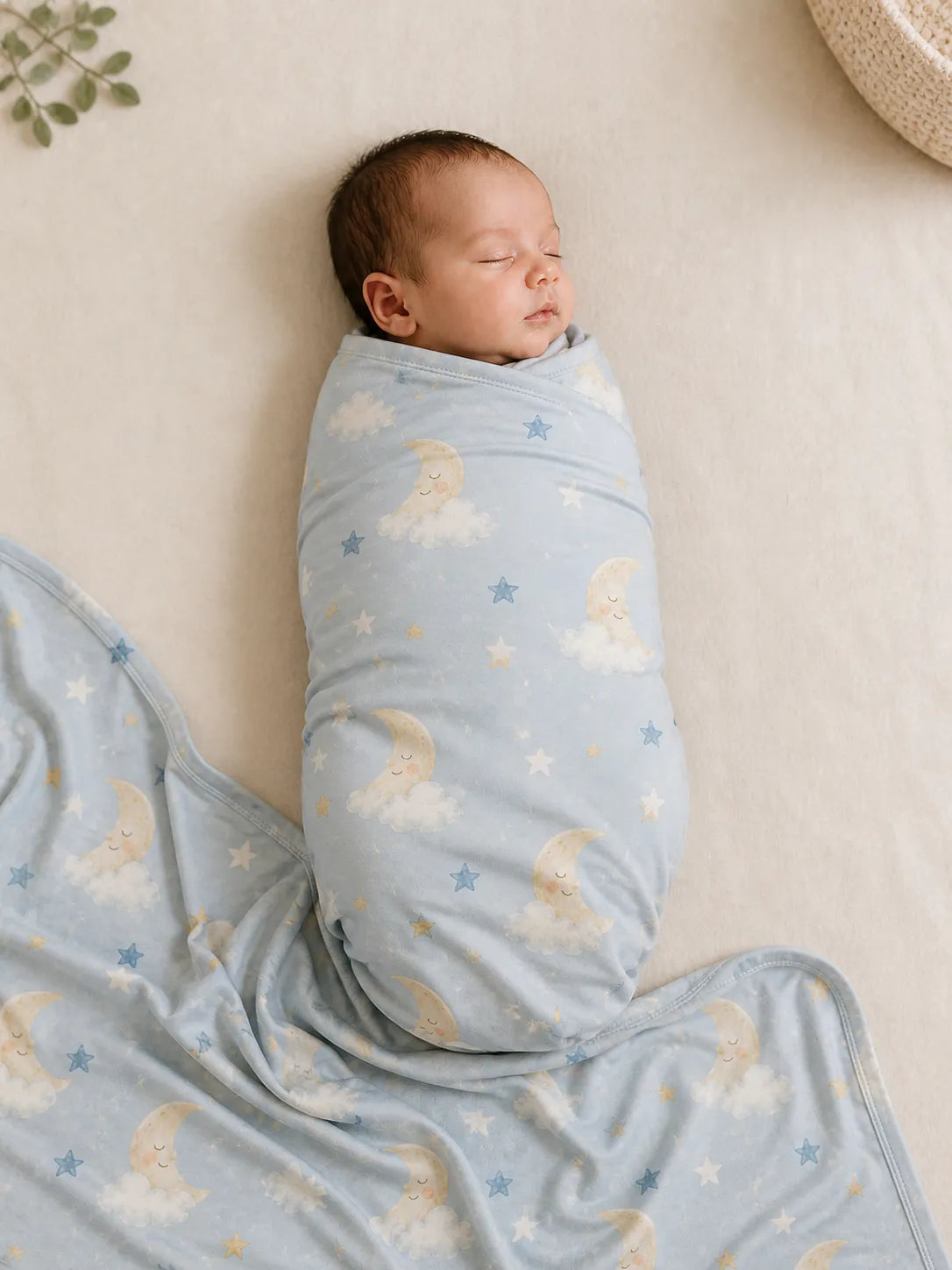 Baby cuddled in the Moonlit Dreams bamboo swaddle blanket at home
