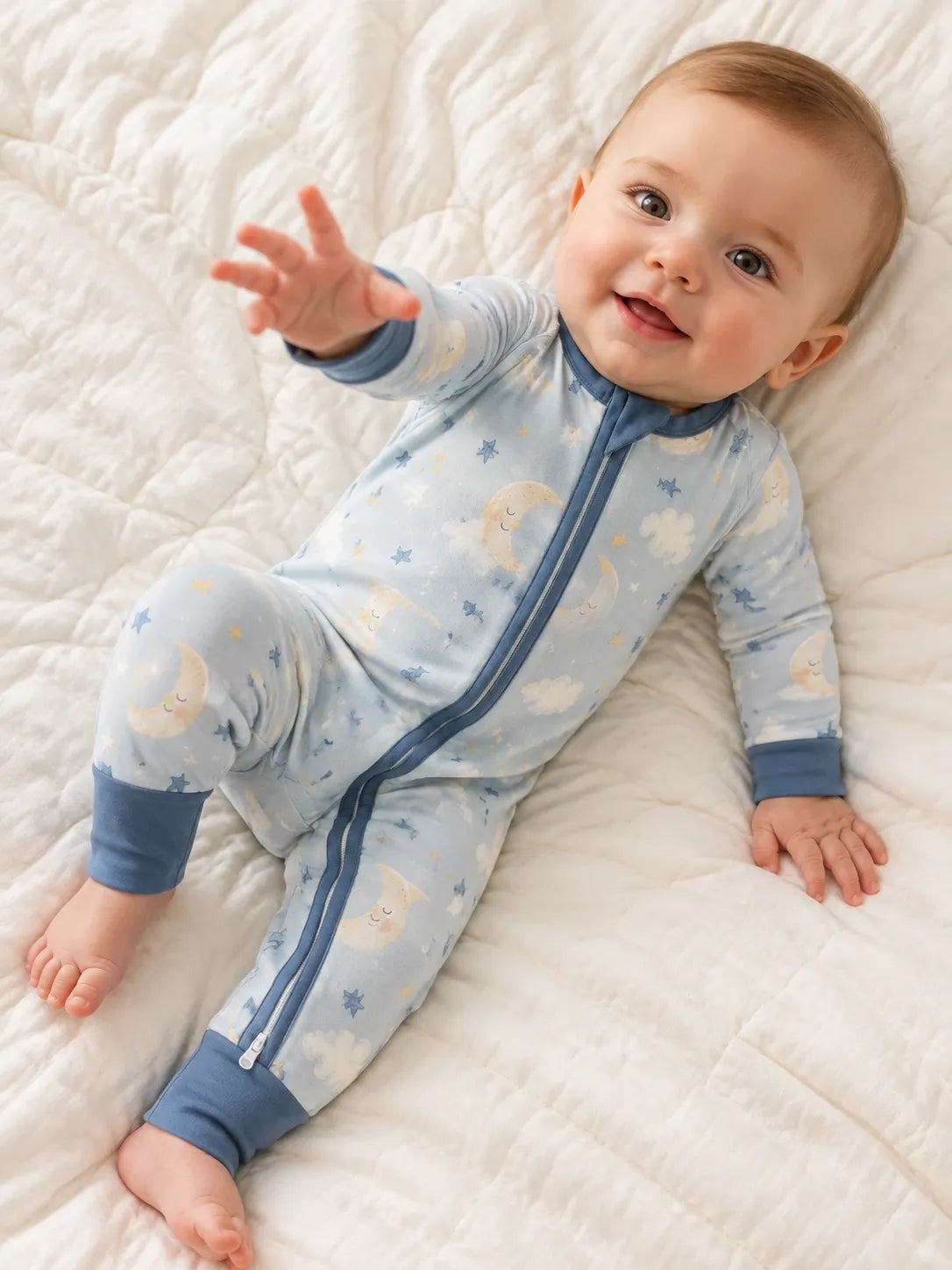 Baby wearing the Moonlit Dreams bamboo zipper romper