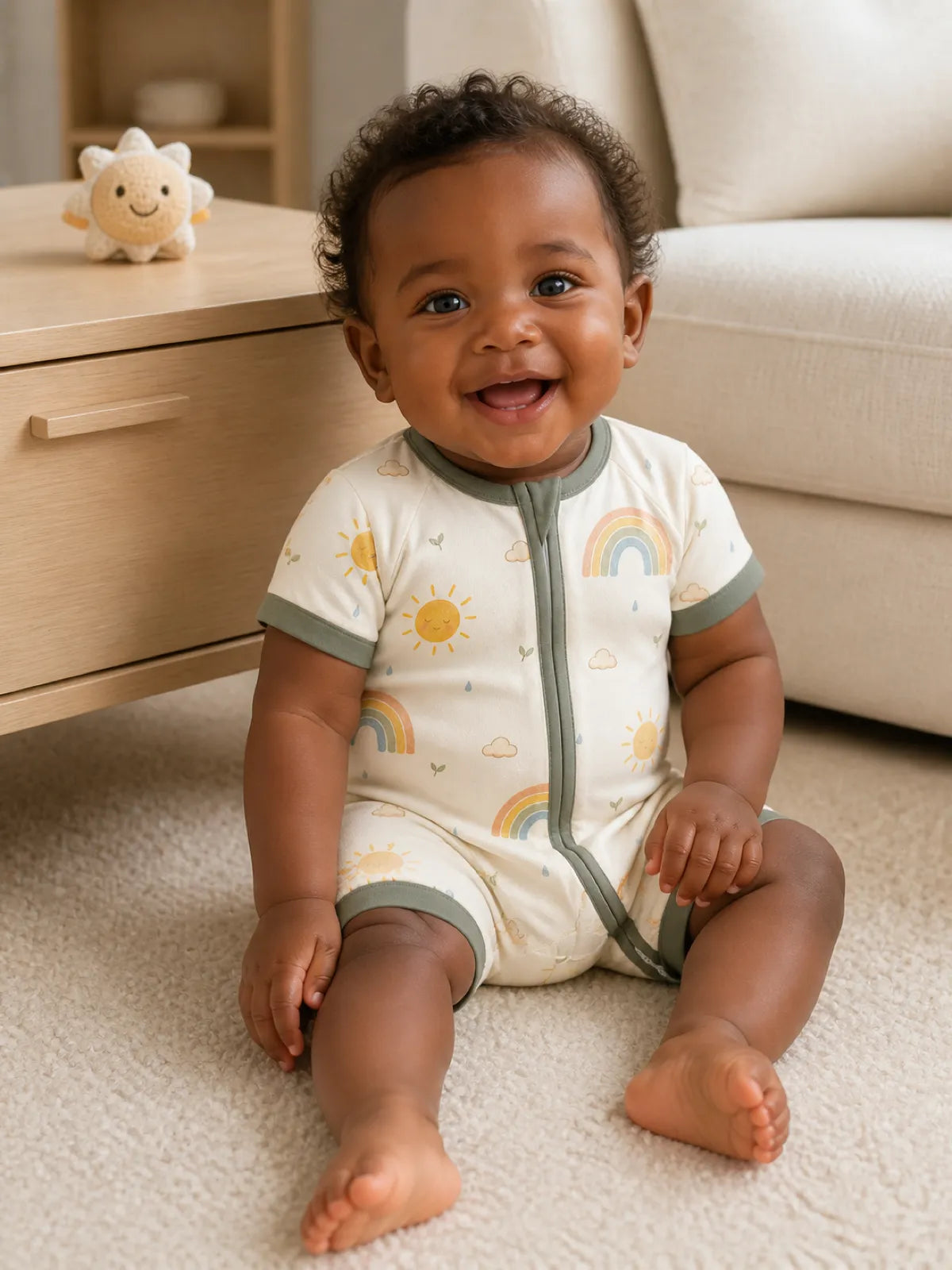 Baby playing at home in the Sunny Skies shorty romper