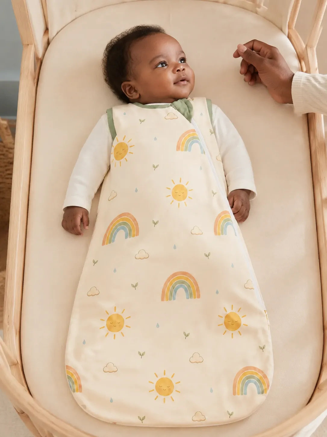 Baby resting comfortably in the Sunny Skies bamboo sleep bag