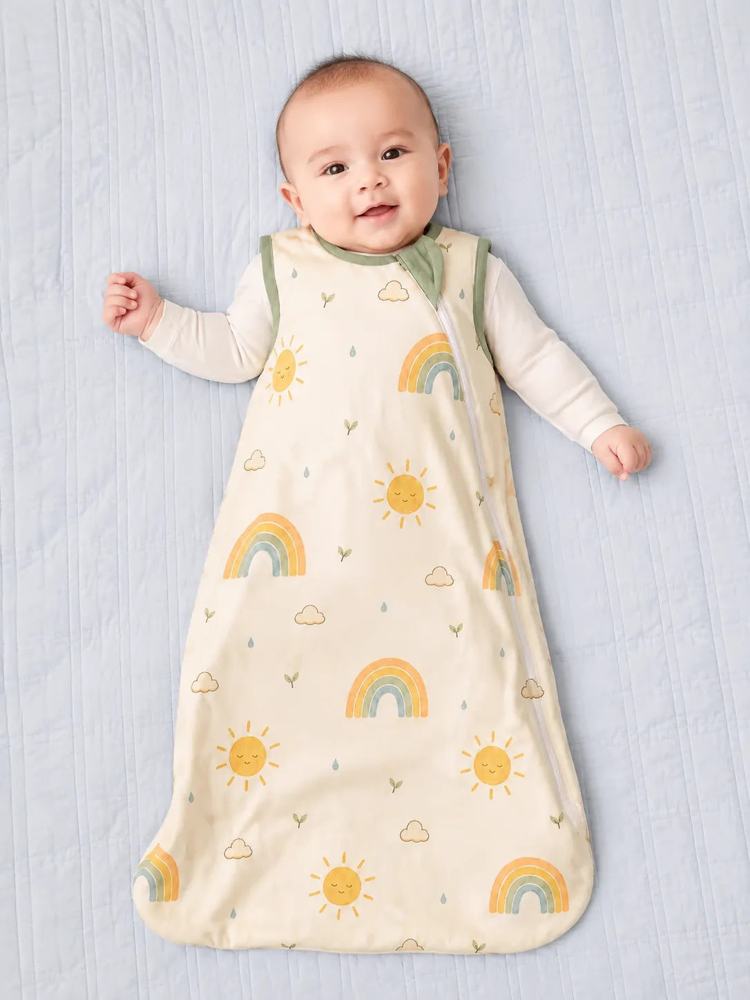Baby wearing the Sunny Skies bamboo sleep bag