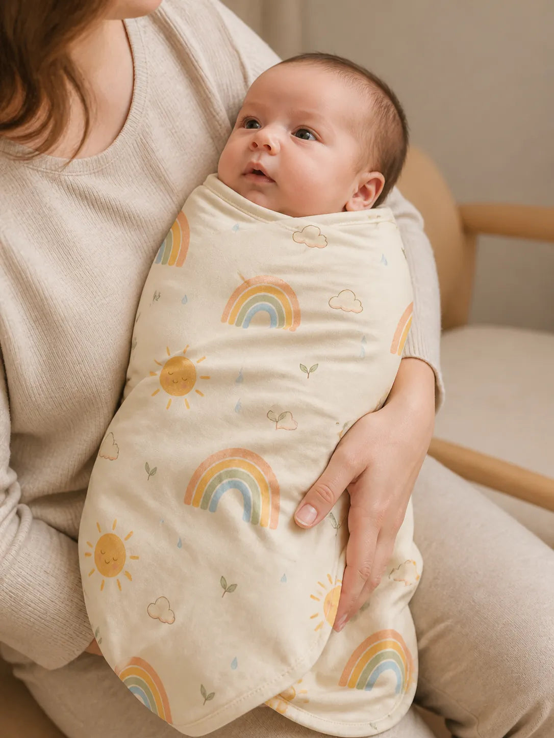 Baby cuddled in the Sunny Skies bamboo swaddle blanket at home