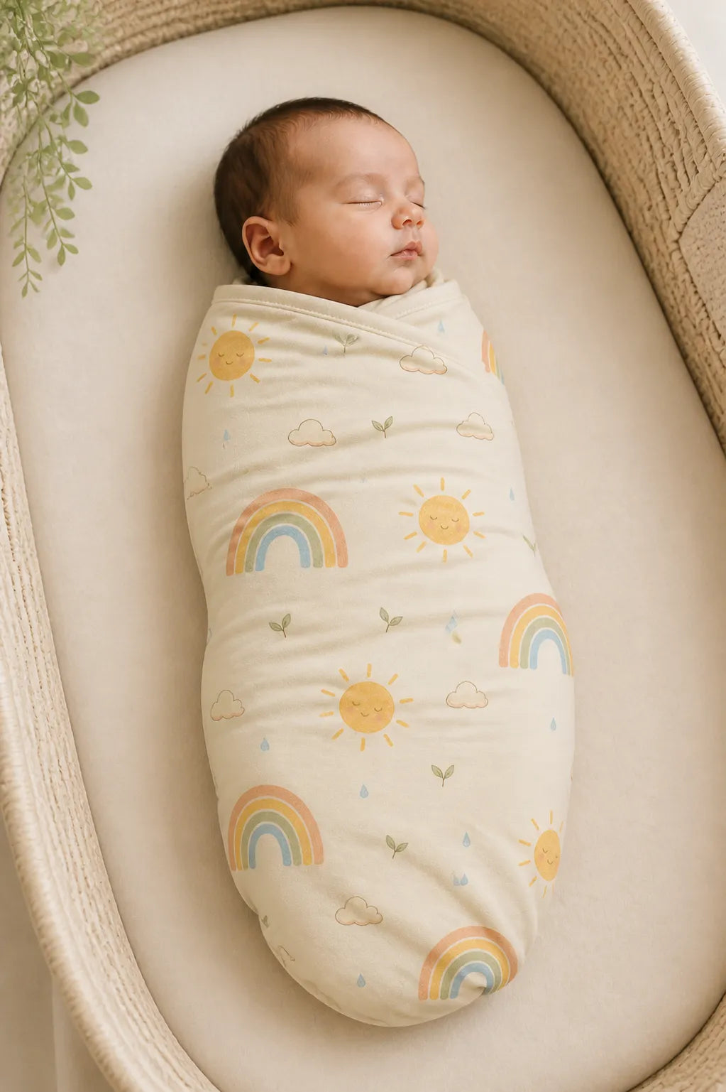 Baby wrapped in the Sunny Skies bamboo swaddle blanket