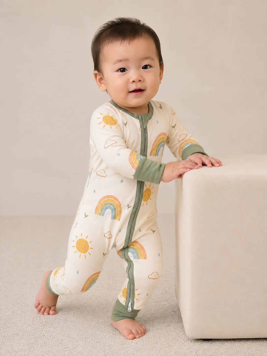 Baby wearing the Sunny Skies bamboo zipper romper