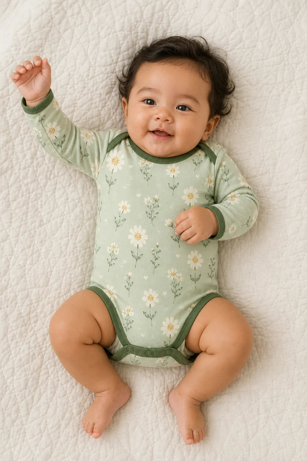 Baby wearing the Daisy Meadow long sleeve bodysuit