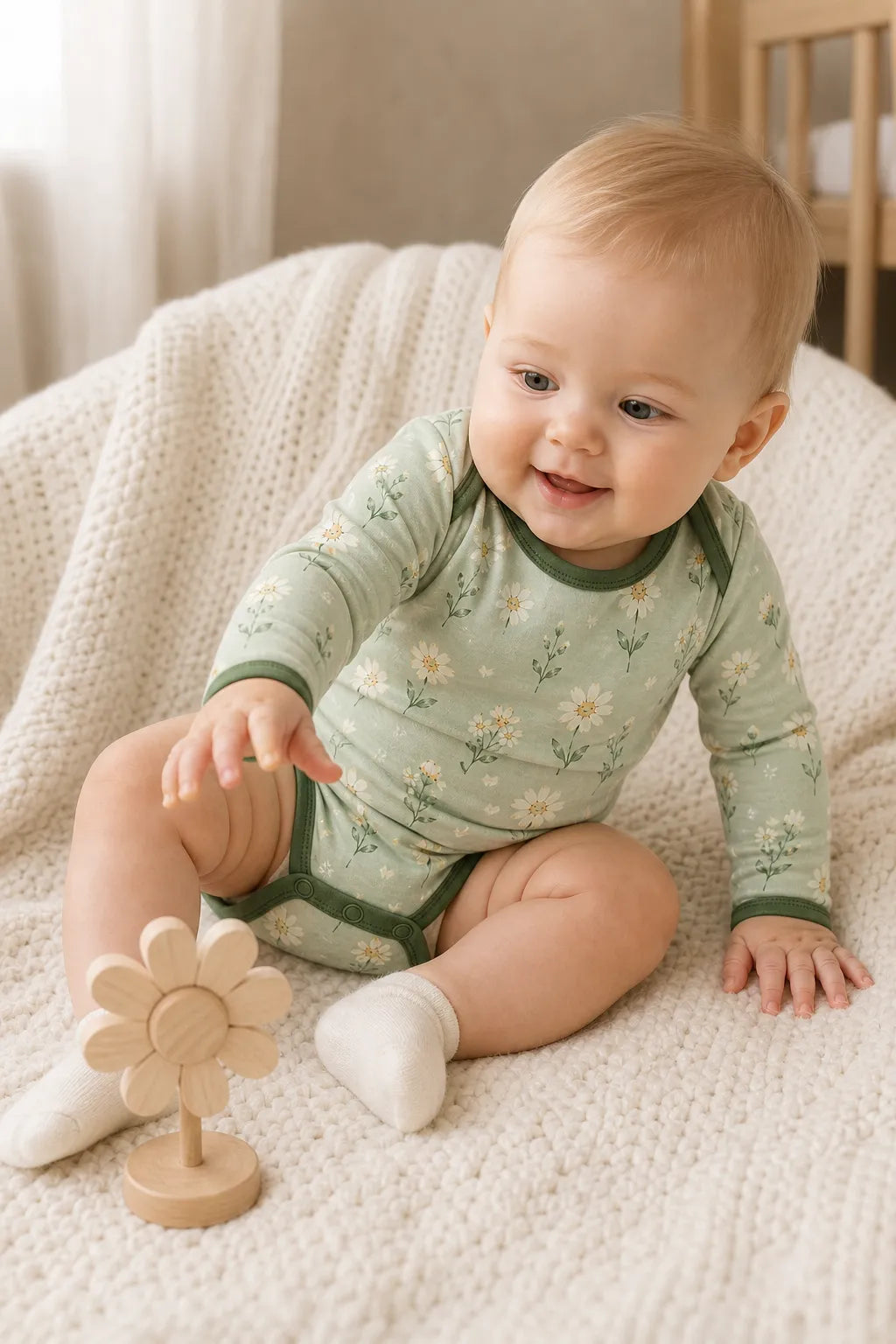 Baby playing comfortably in the Daisy Meadow bamboo bodysuit