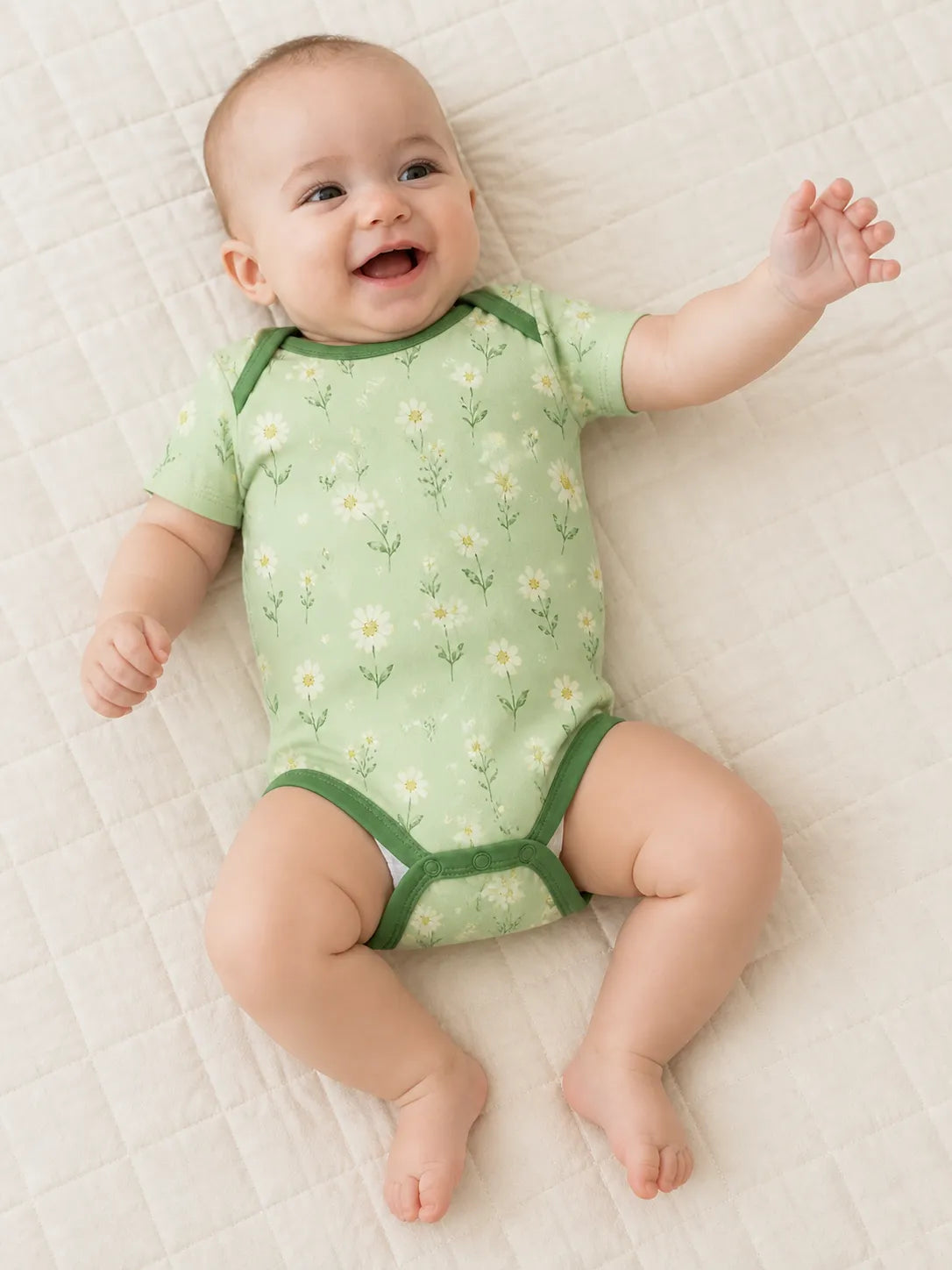 Baby playing comfortably in the Daisy Meadow bamboo bodysuit