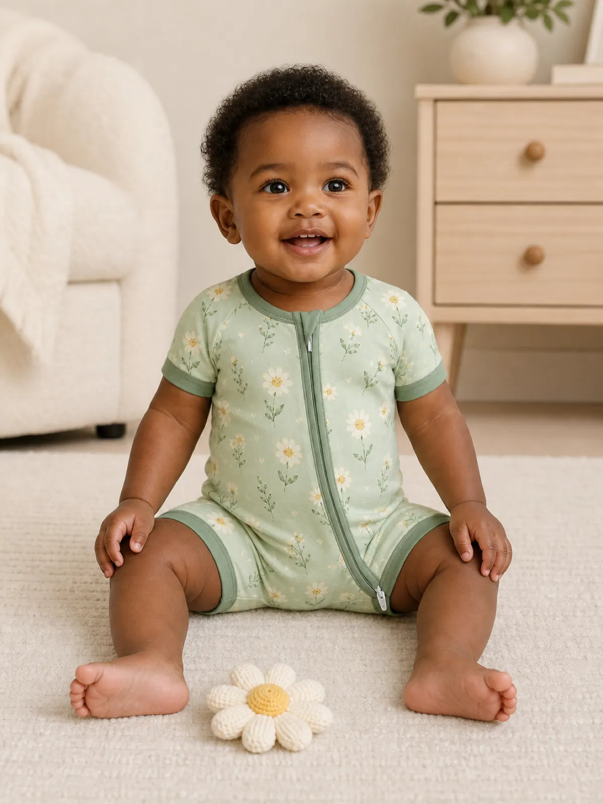 Baby playing at home in the Daisy Meadow shorty romper