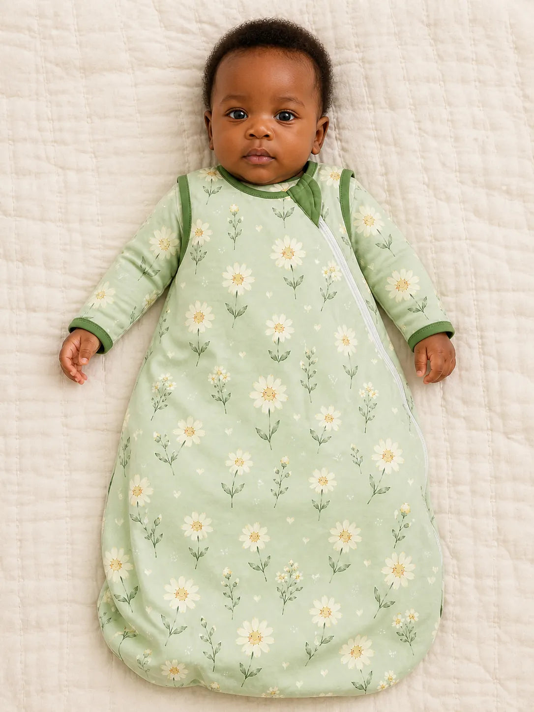 Baby wearing the Daisy Meadow bamboo sleep bag