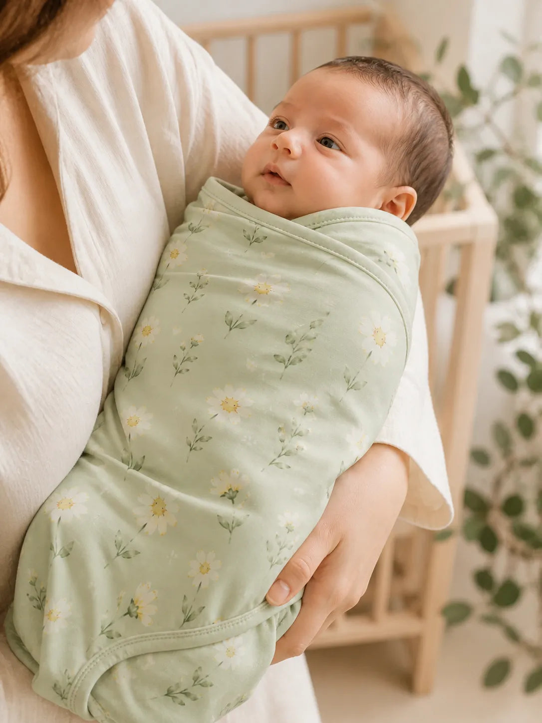 Baby cuddled in the Daisy Meadow bamboo swaddle blanket at home