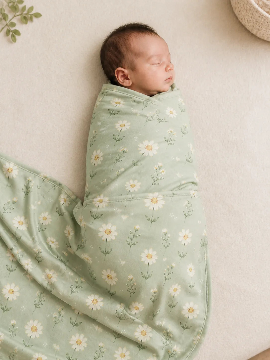 Baby wrapped in the Daisy Meadow bamboo swaddle blanket