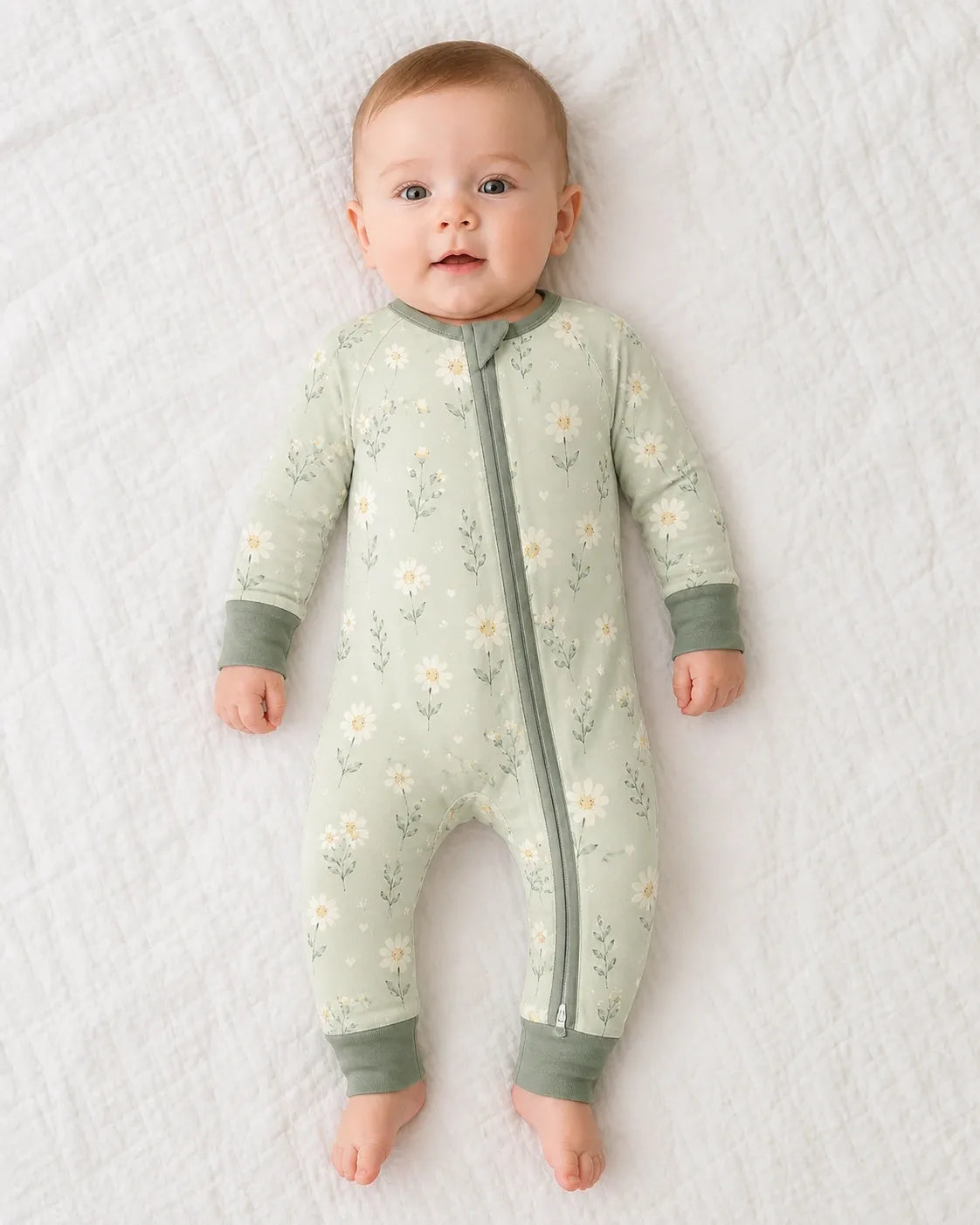 Baby wearing the Daisy Meadow bamboo zipper romper