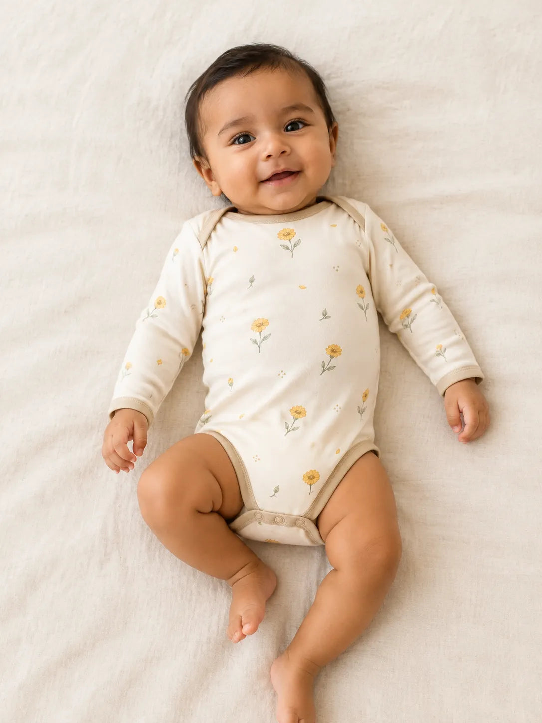 Baby wearing the Golden Bloom long sleeve bodysuit
