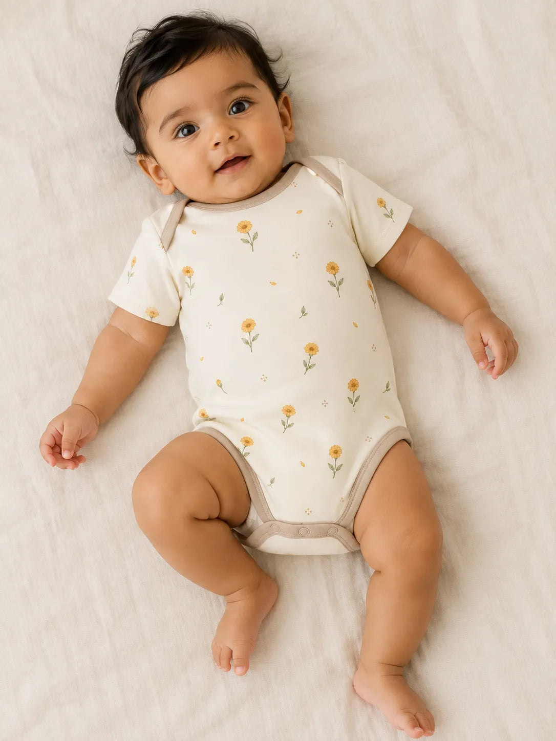 Baby wearing the Golden Bloom short sleeve bodysuit