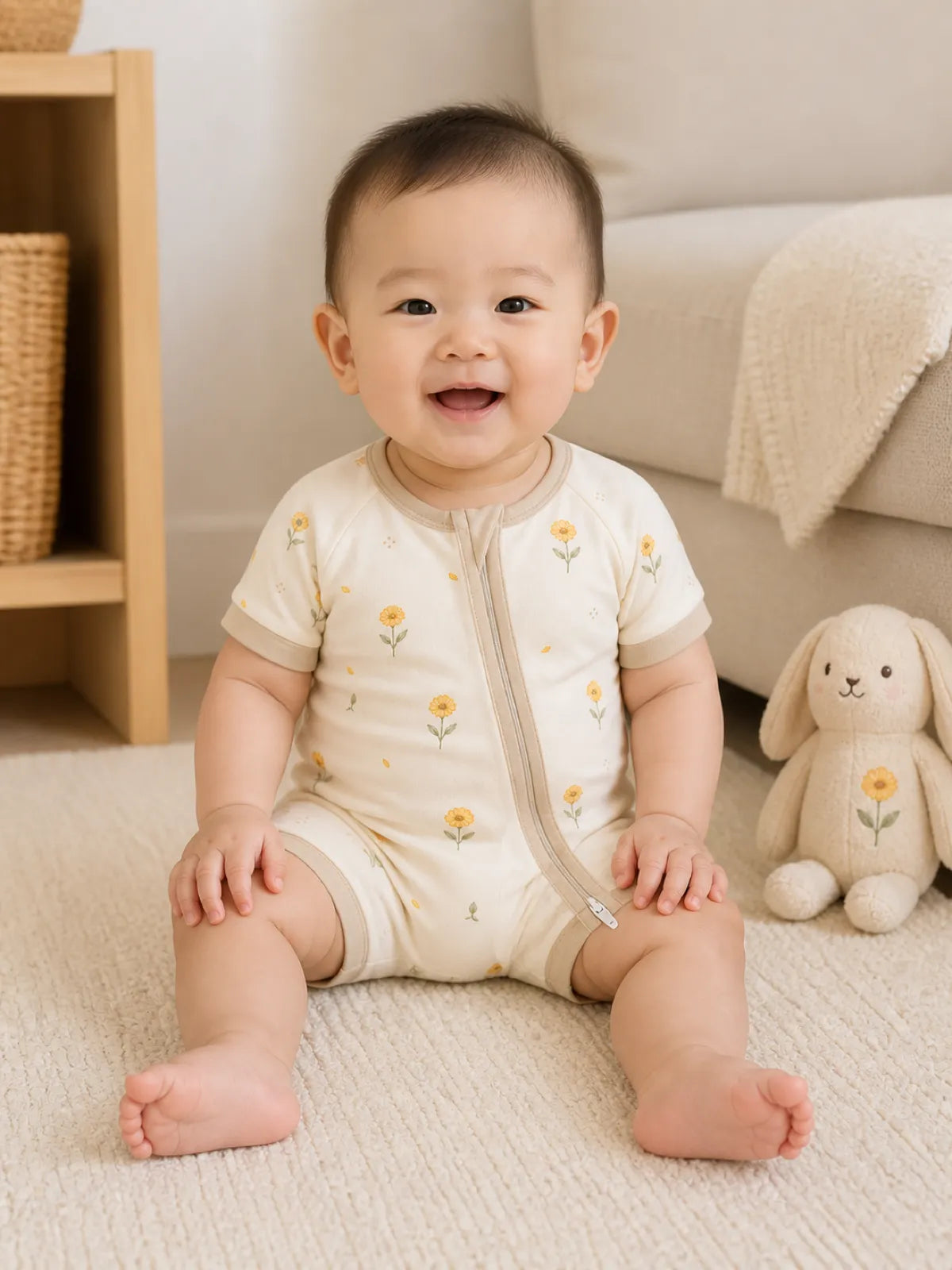 Baby playing at home in the Golden Bloom shorty romper