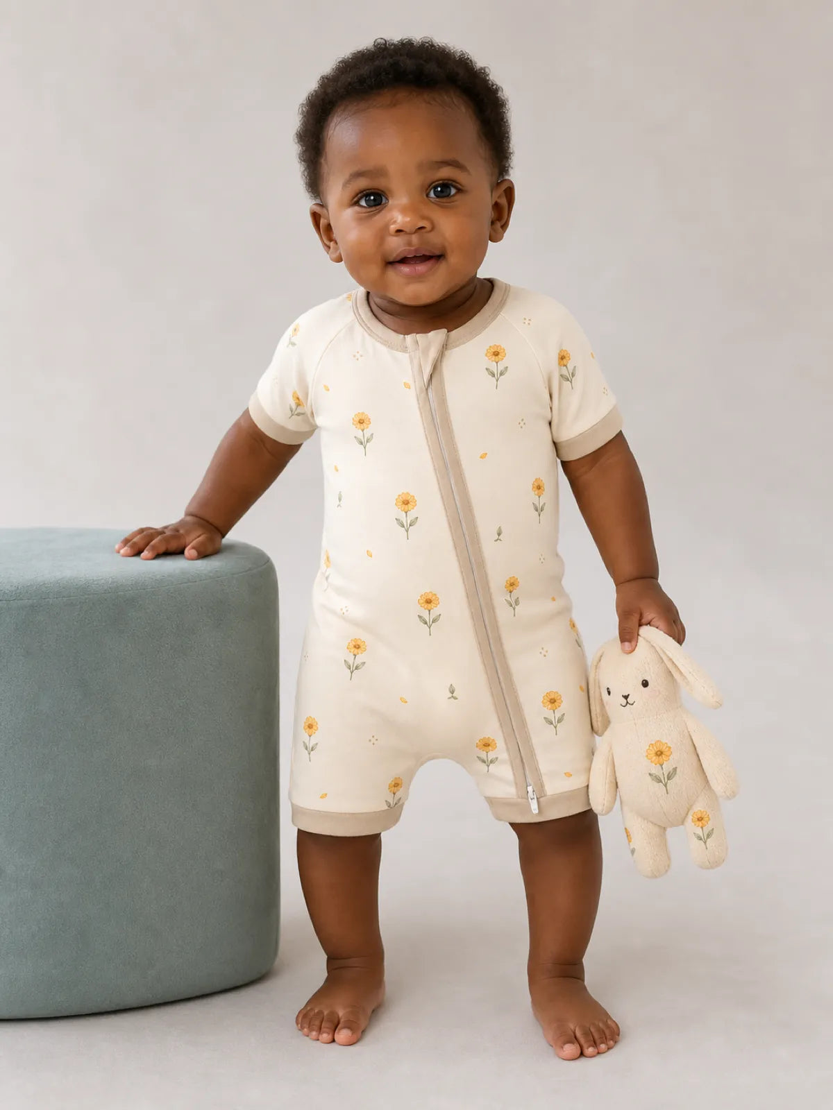 Baby wearing the Golden Bloom bamboo shorty romper