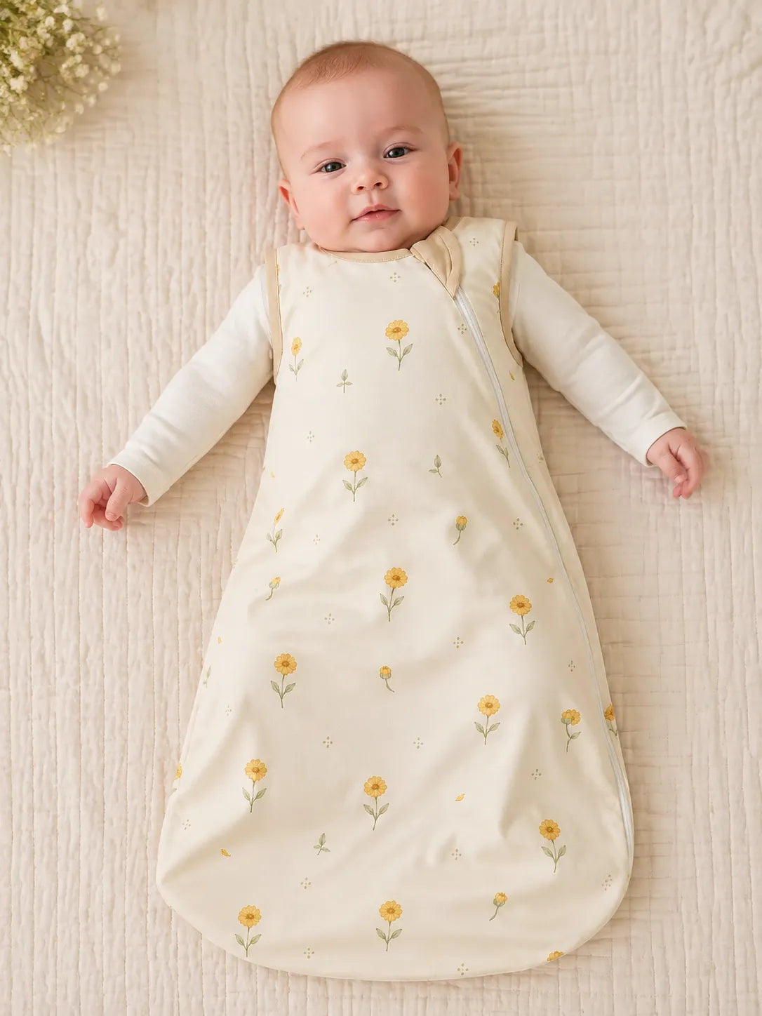 Baby wearing the Golden Bloom bamboo sleep bag