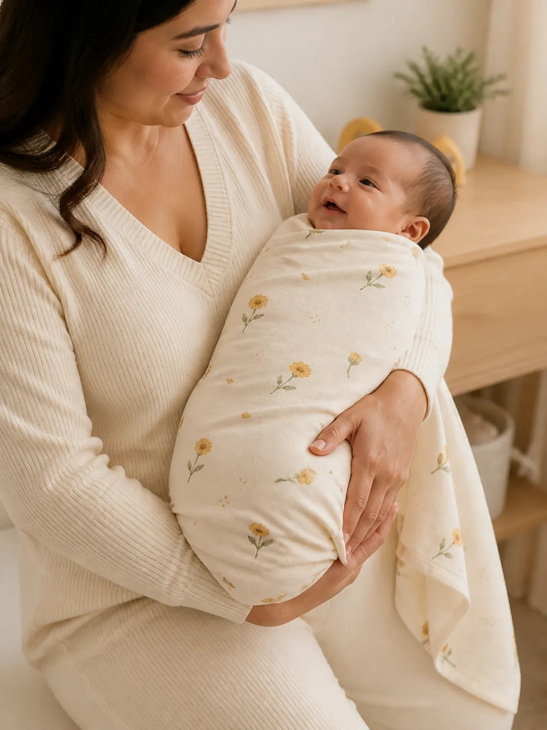 Baby cuddled in the Golden Bloom bamboo swaddle blanket at home