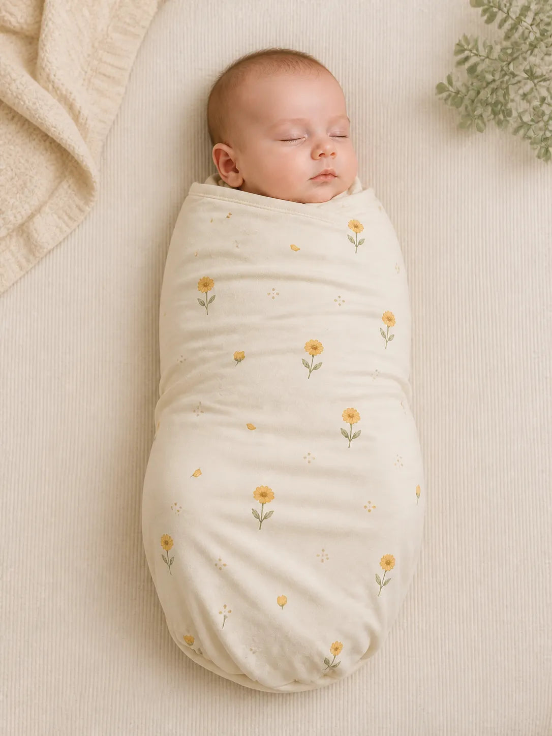 Baby wrapped in the Golden Bloom bamboo swaddle blanket