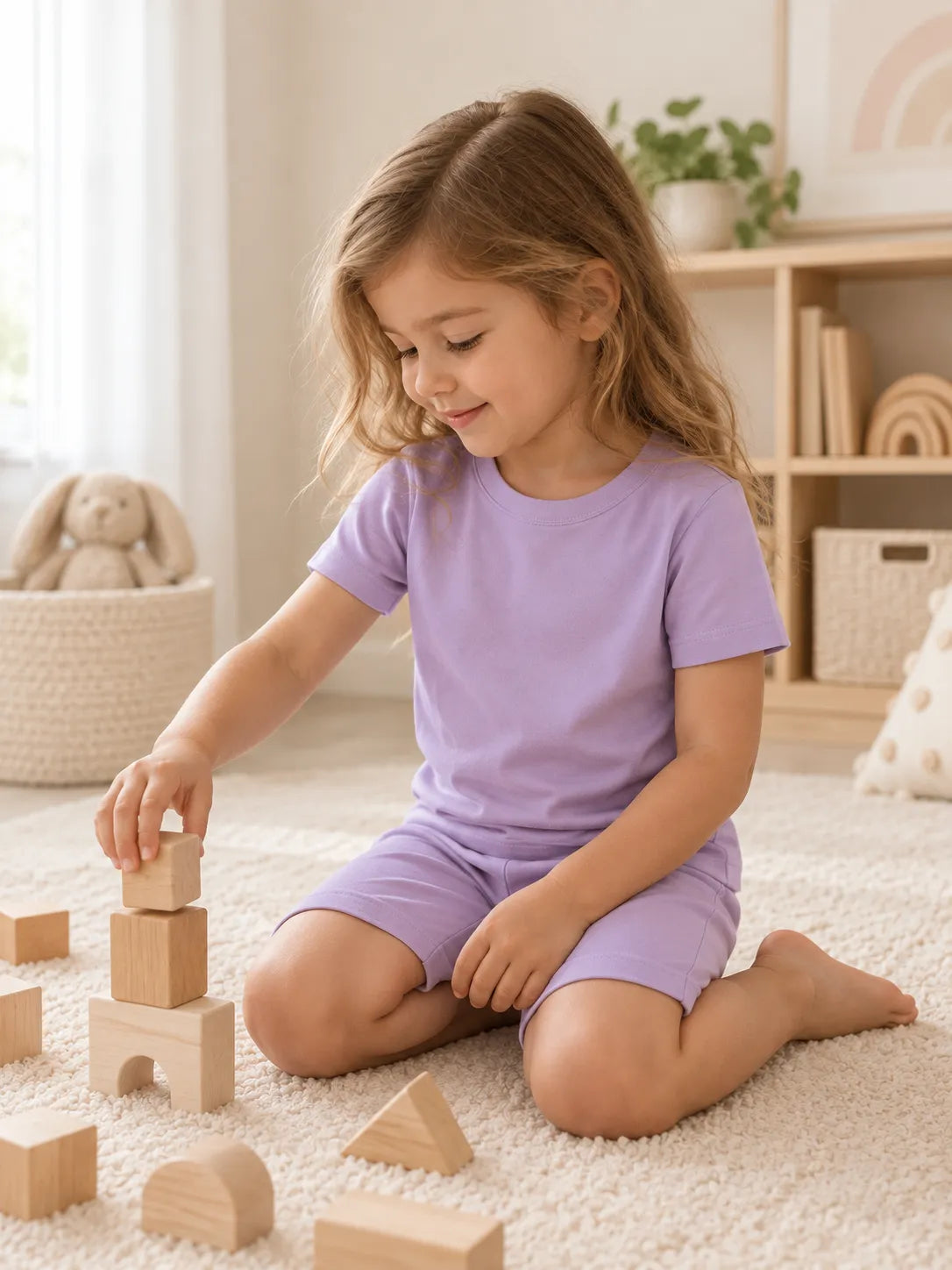 Child in Lavender bamboo short sleeve pajama set in a cozy lifestyle setting - MossiBaby