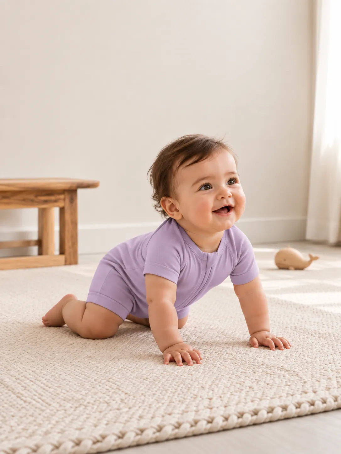Baby in Lavender bamboo shorty romper in an everyday lifestyle setting - MossiBaby