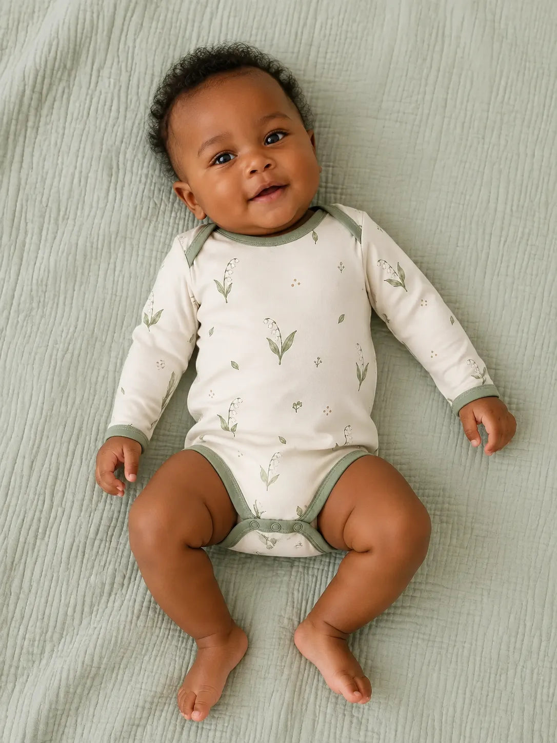 Baby wearing the Little Botanicals long sleeve bodysuit