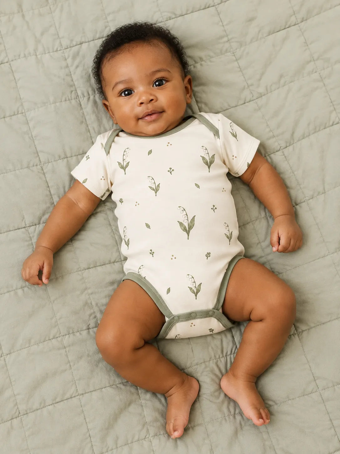 Baby wearing the Little Botanicals short sleeve bodysuit