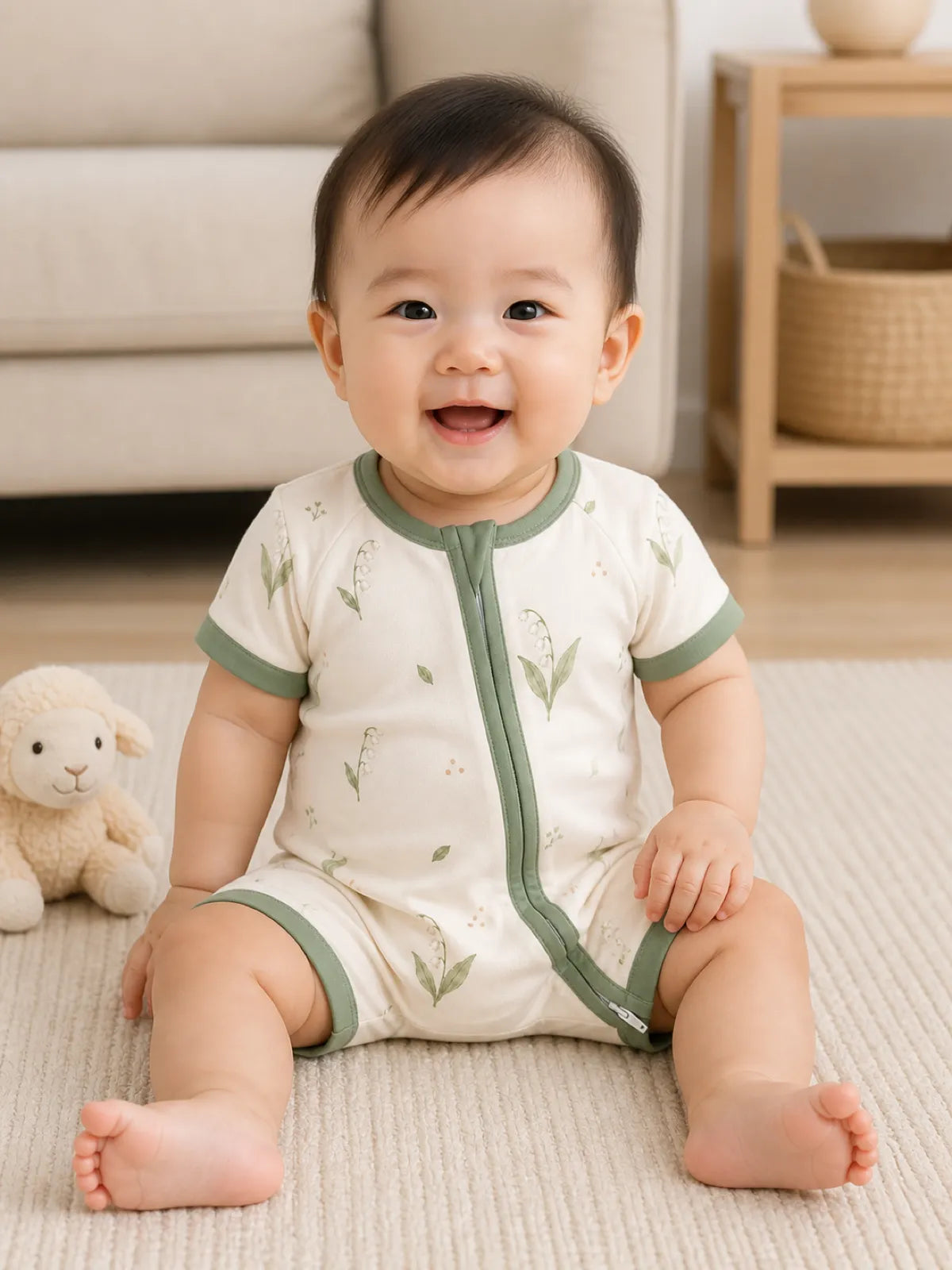 Baby playing at home in the Little Botanicals shorty romper