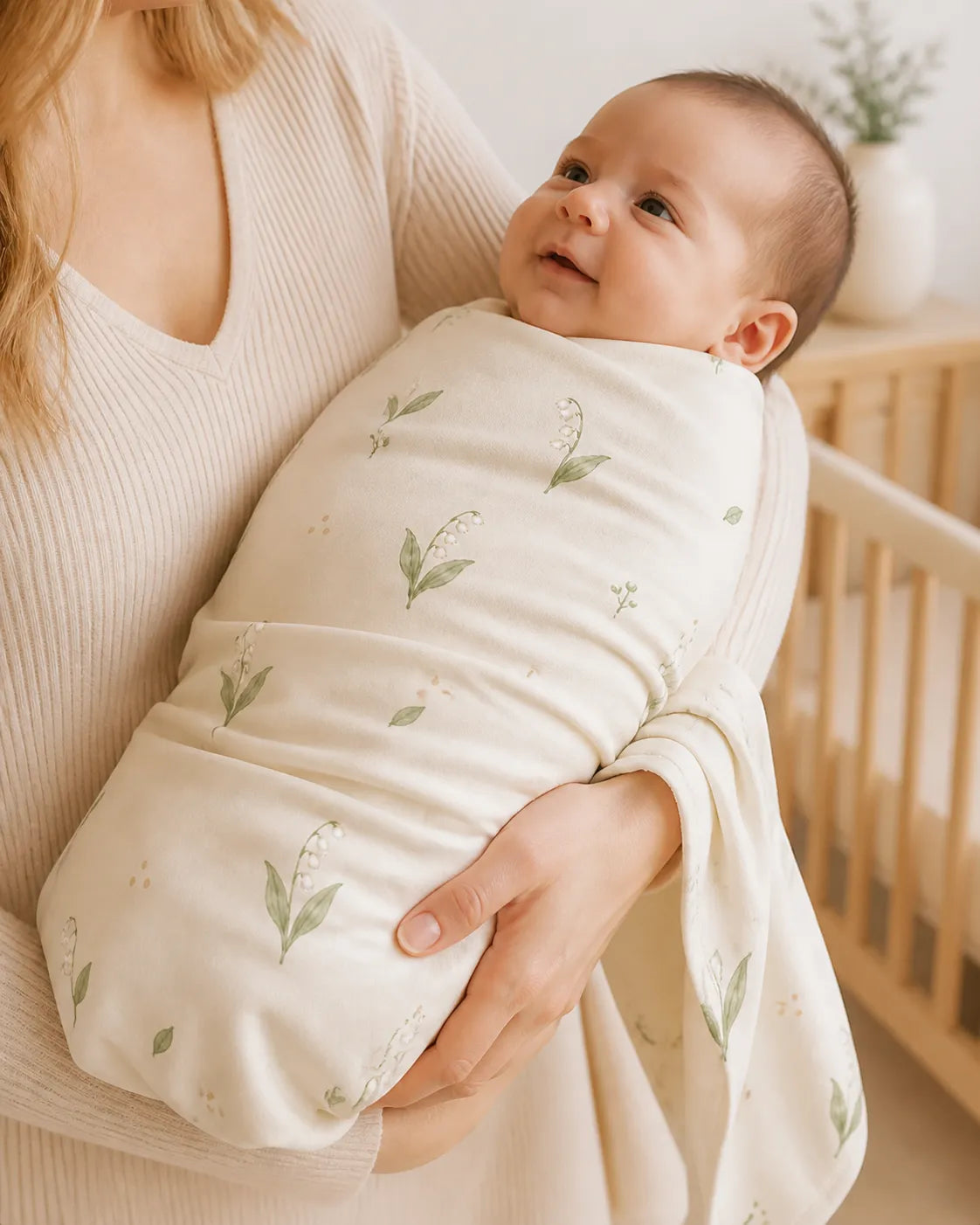 Baby cuddled in the Little Botanicals bamboo swaddle blanket at home