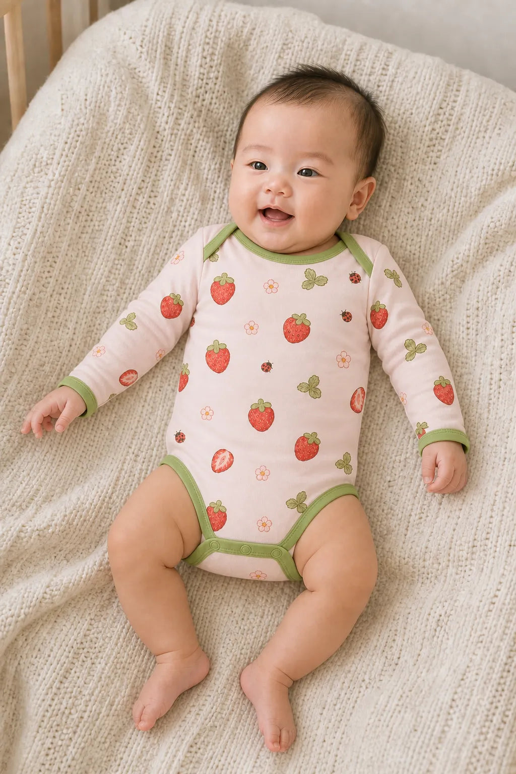 Baby wearing the Strawberry Fields long sleeve bodysuit