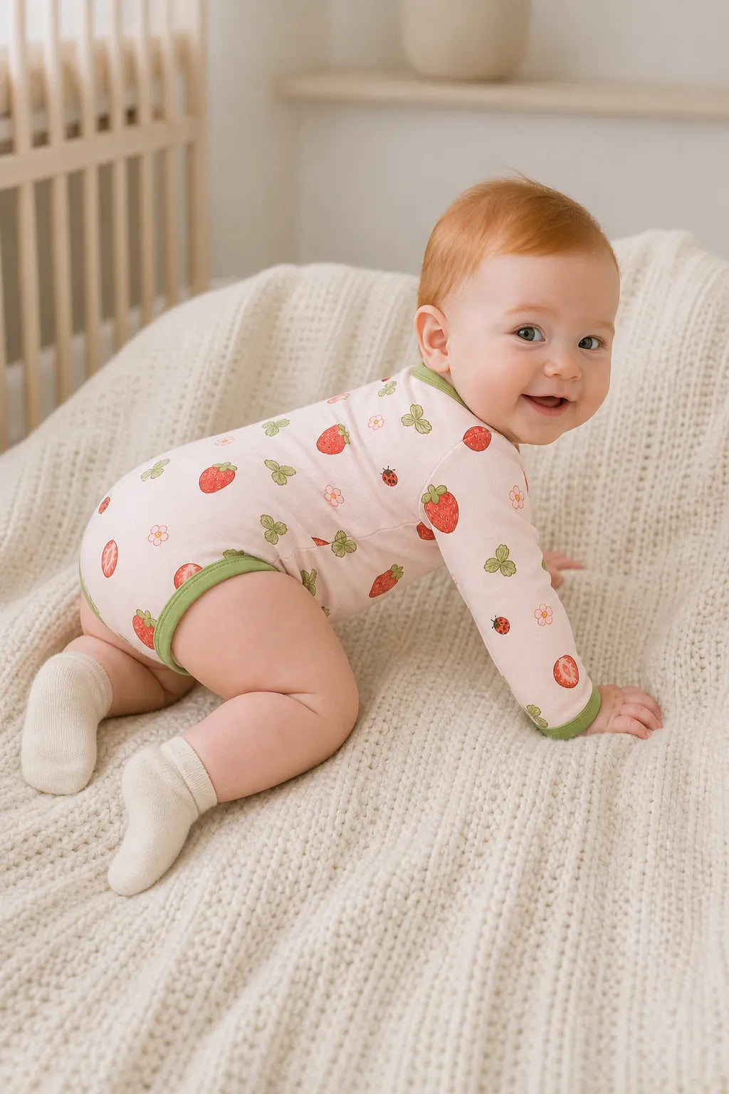 Baby playing comfortably in the Strawberry Fields bamboo bodysuit
