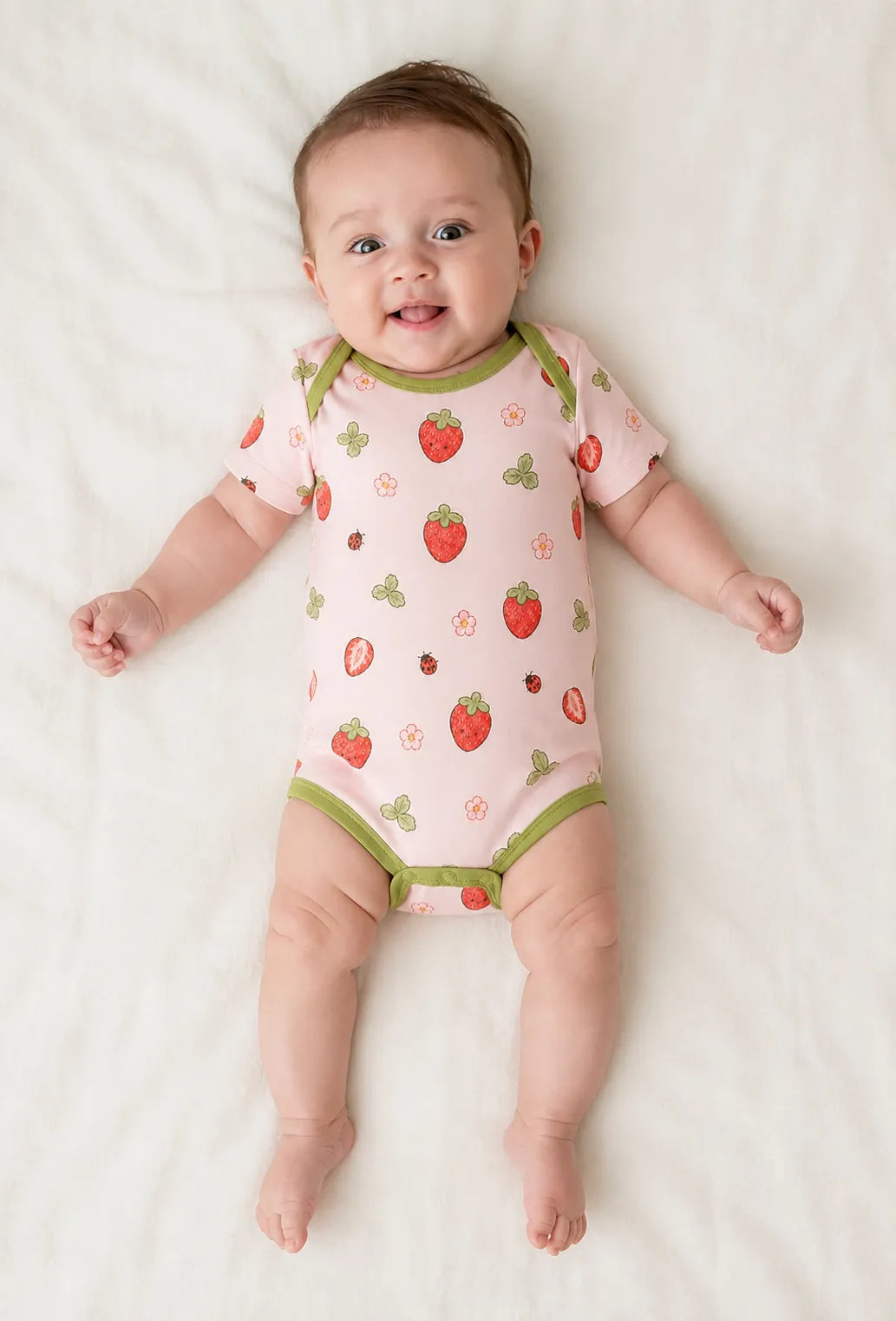 Baby wearing the Strawberry Fields short sleeve bodysuit
