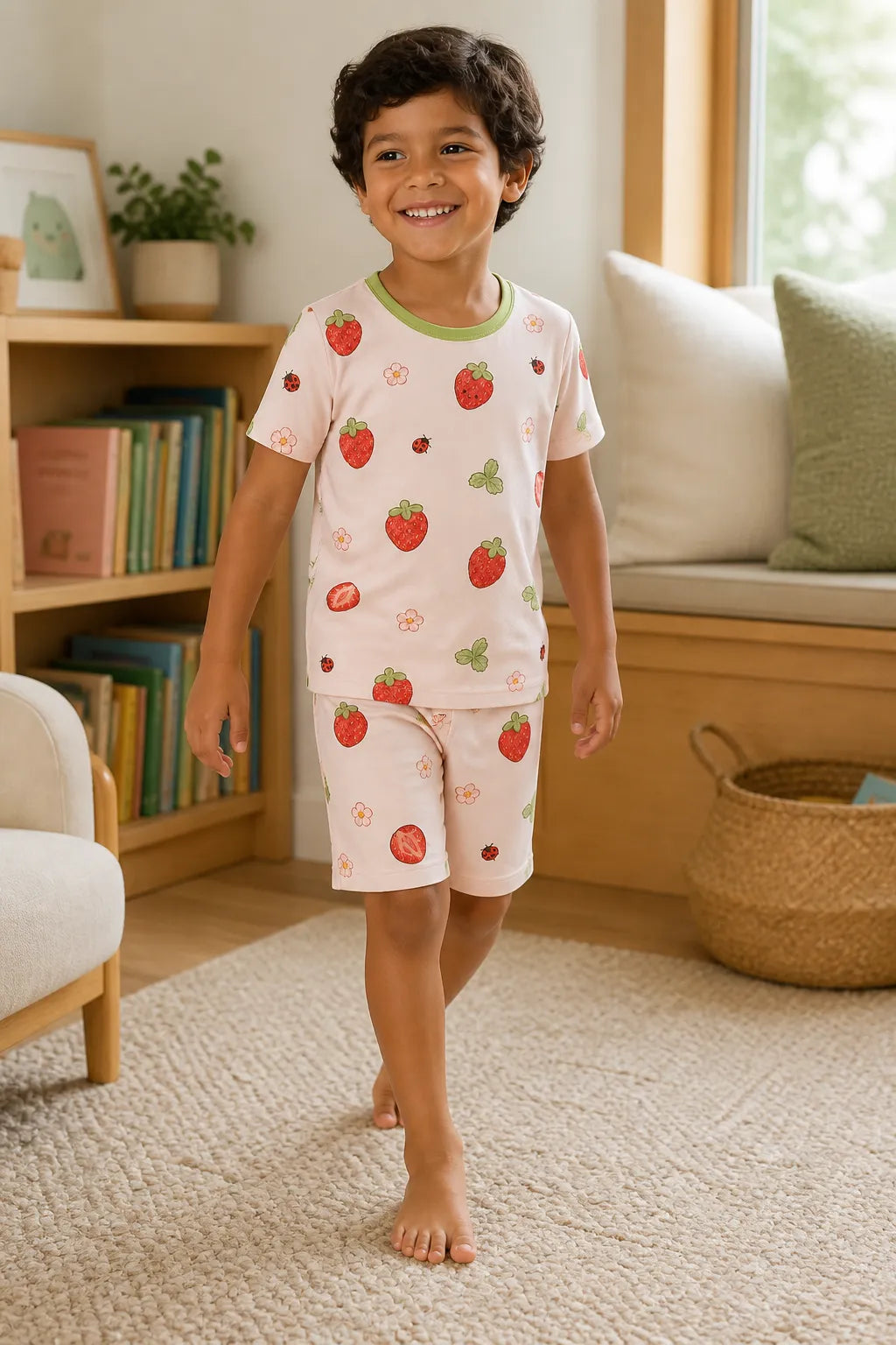 Child playing at home in Strawberry Fields bamboo pajamas