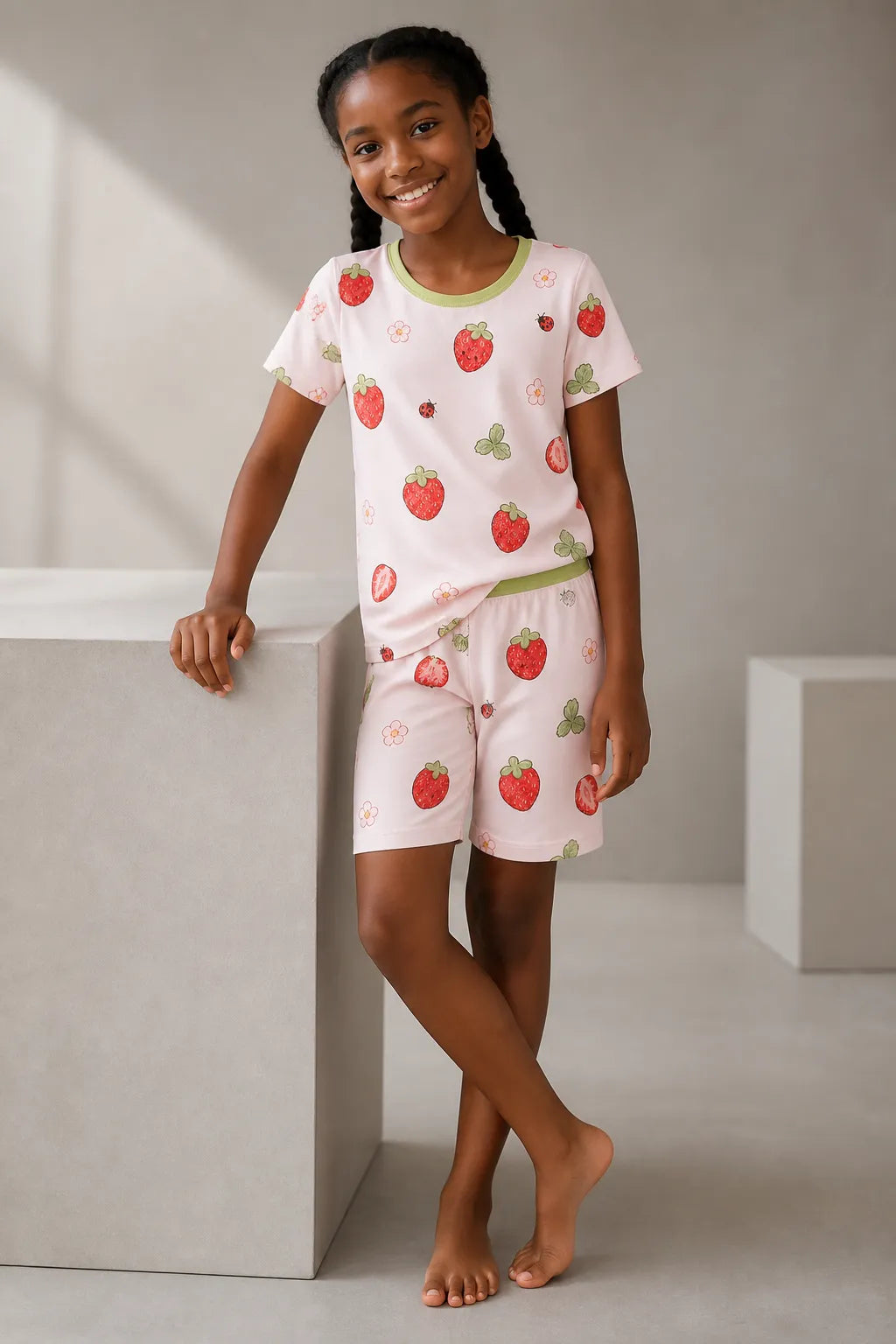 Child wearing the Strawberry Fields short sleeve pajama set